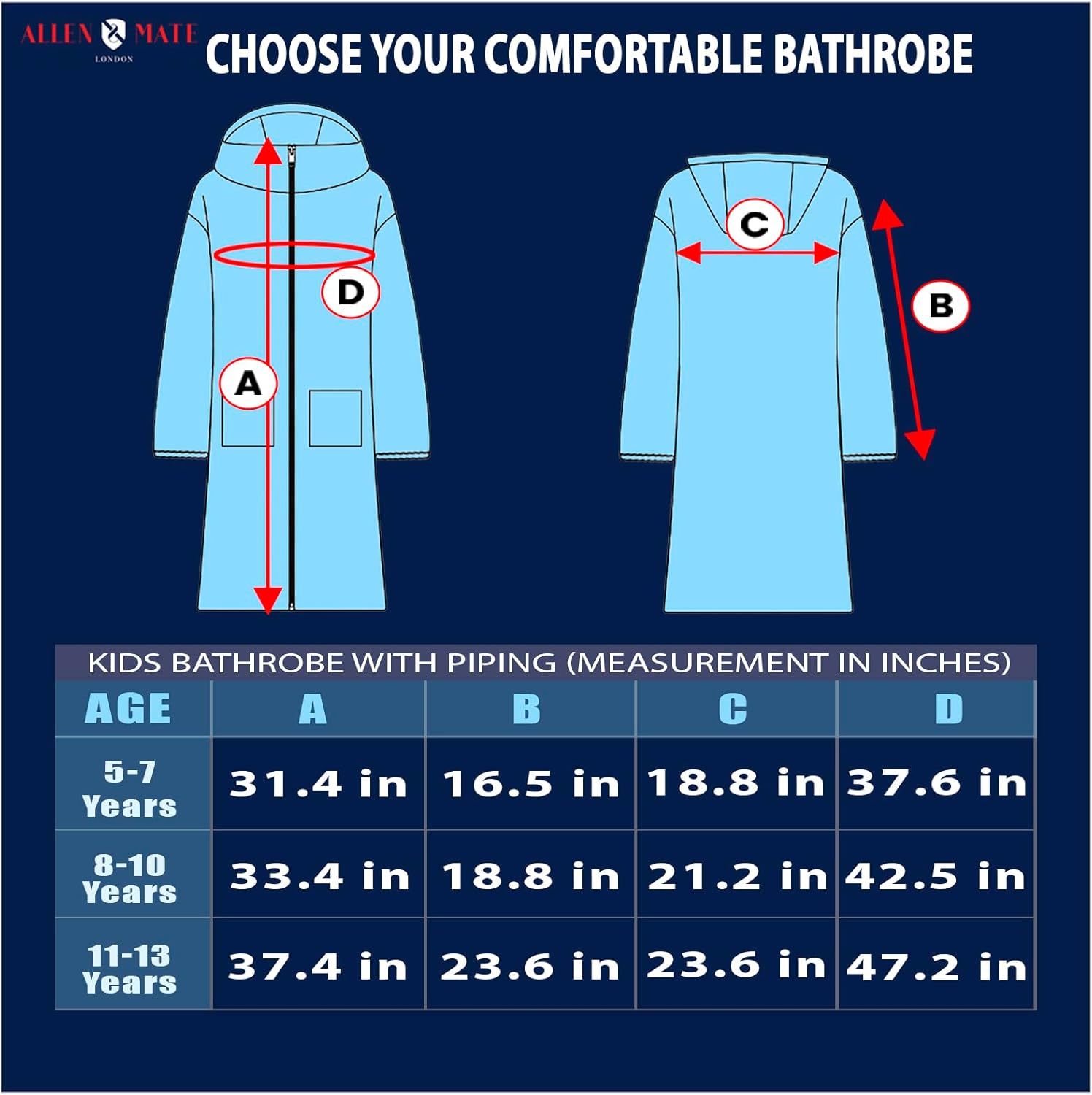 ALLEN & MATE 100% Cotton Hooded Kids Bathrobe with Zipper, 380 GSM Safety Certified Quick Dry Changing Robe for Boys & Girls