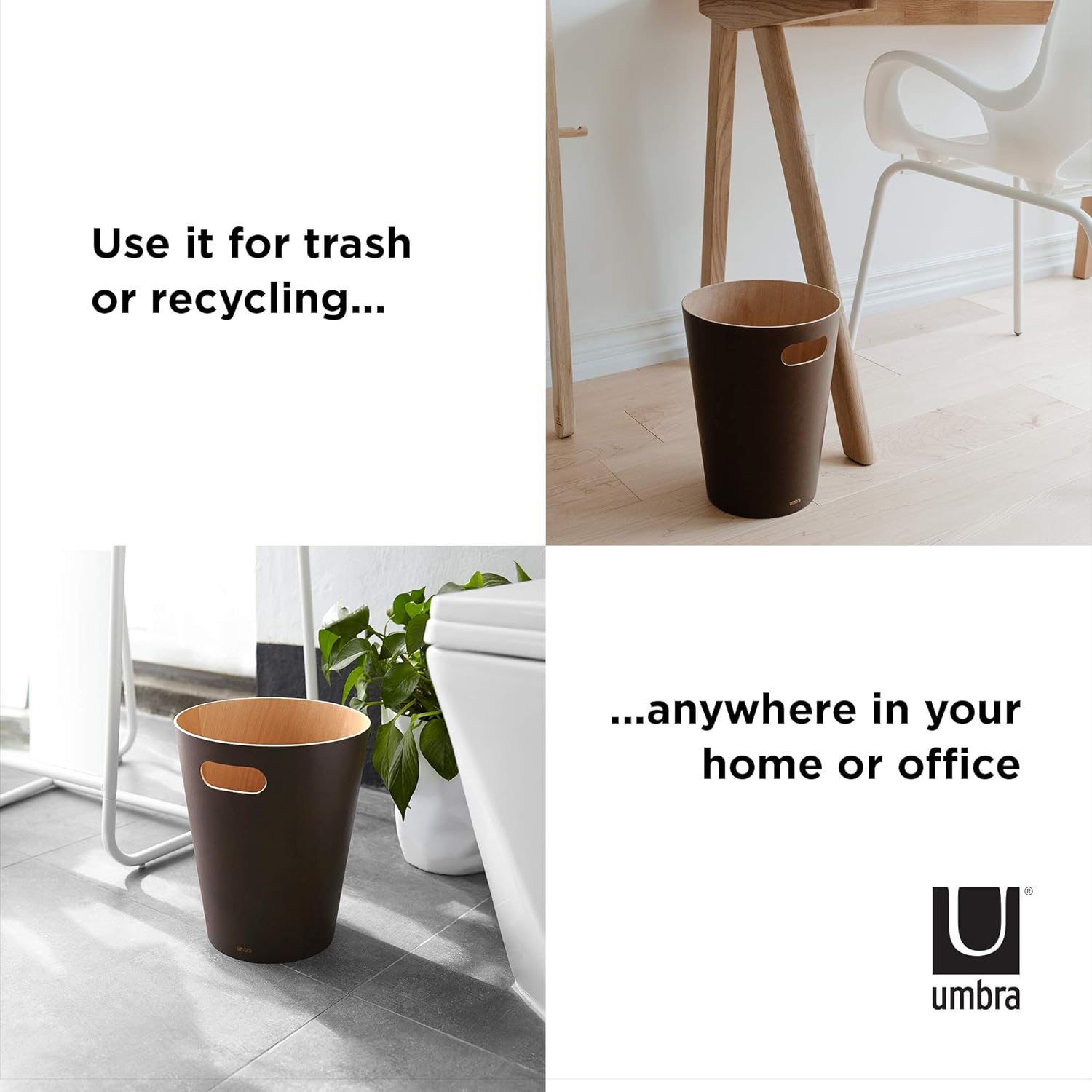 Umbra Woodrow 2-Gallon Modern Wooden Trash Can Wastebasket, Attractive Bin for Garbage or Recycling, Suitable for Home or Office, Espresso/Natural