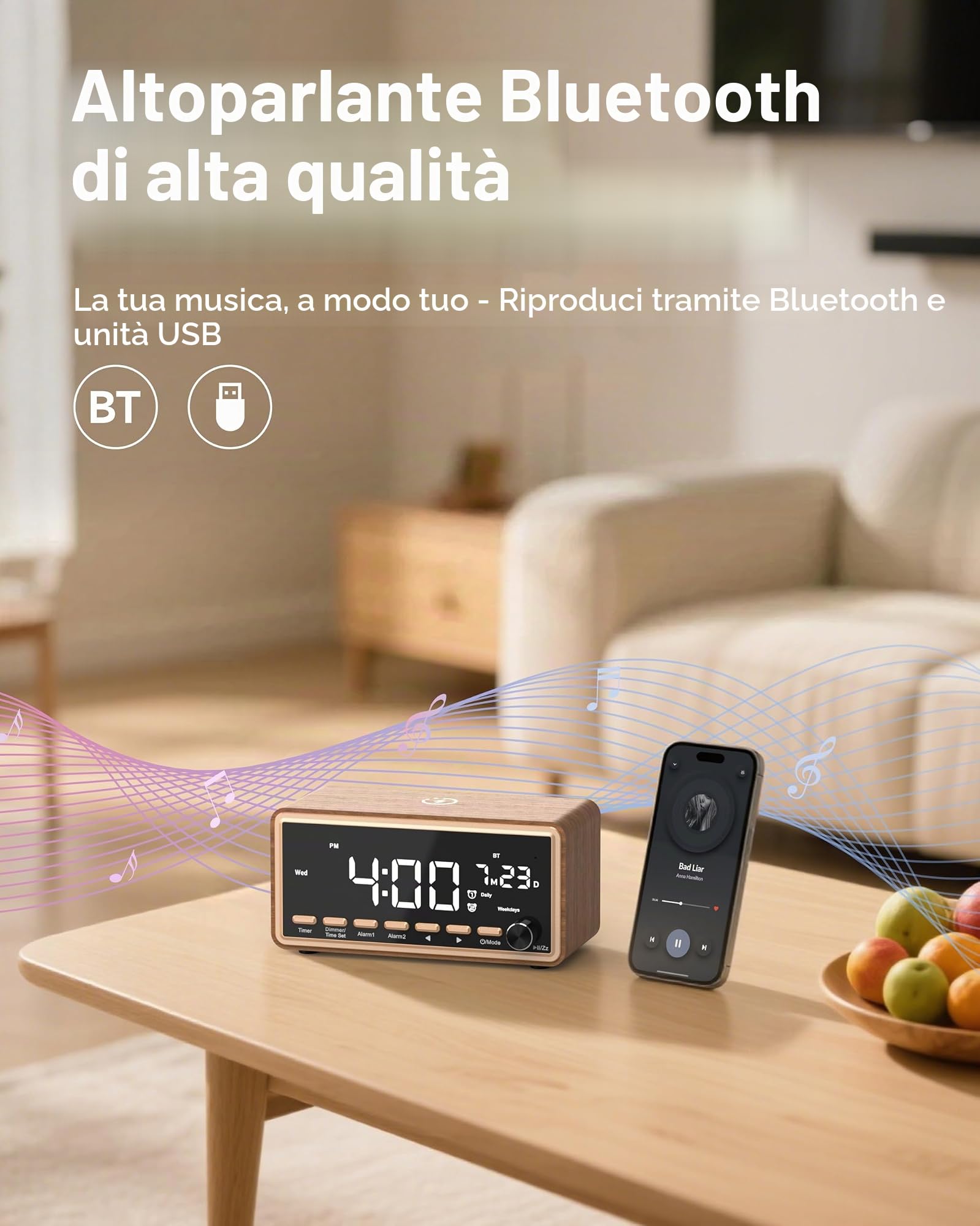 Sveglia digitale con radio FM, doppia allarme, altoparlante Bluetooth, White Noise Machine, Wireless Charger, orologio digitale dimmerabile, regalo di compleanno per donne, mamma e papà