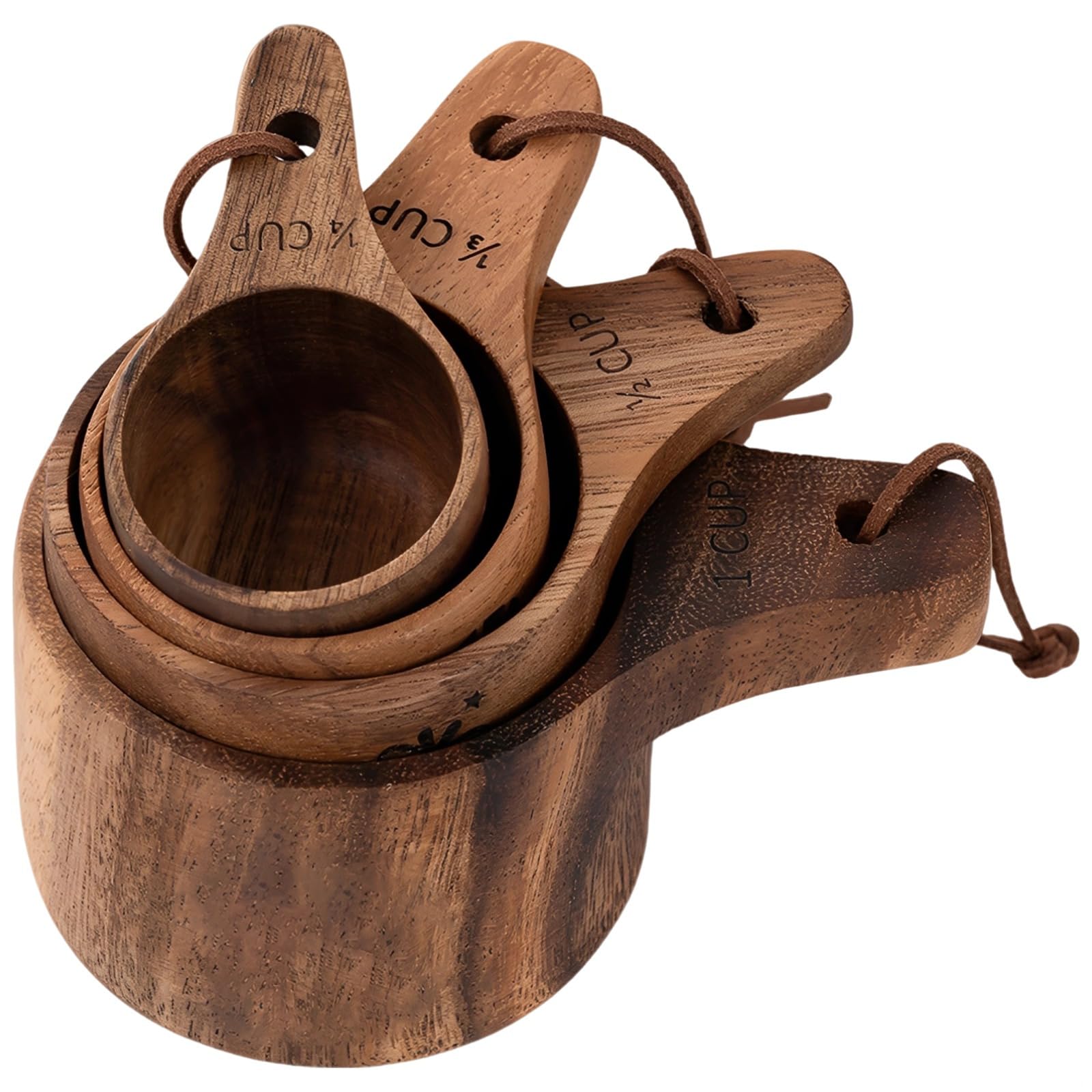 Juego de 4 tazas medidoras de madera, hechas de madera de nogal sudamericano, grabadas para hornear y cocinar, diseño de anidación