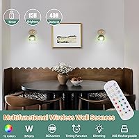Vista 2 de Vintage Battery Operated Wall Sconce with Green Tulip Glass Lampshade Rechargeable Battery Powered Wall Light with Remote Control for Bedside
