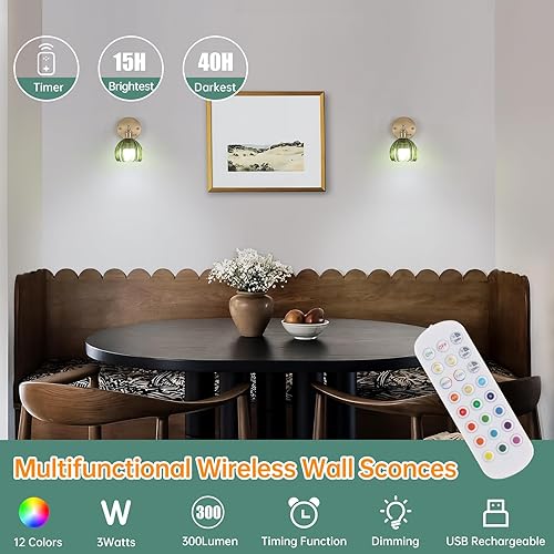 Vista 2 de Vintage Battery Operated Wall Sconce with Green Tulip Glass Lampshade Rechargeable Battery Powered Wall Light with Remote Control for Bedside
