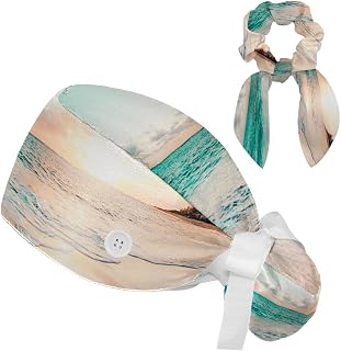 FVQL 2 Pieces Surgical Cap for Long Hair Scrub Cap with Hairband Nurse Cap, Sunset Tropical Beach
