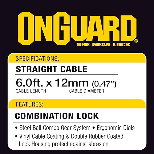 Miniatura 5 de OnGuard Candado de bicicleta con combinación de cables, cable flexible de acero trenzado de 0.472 in con código personalizable de 4 dígitos, carcasa