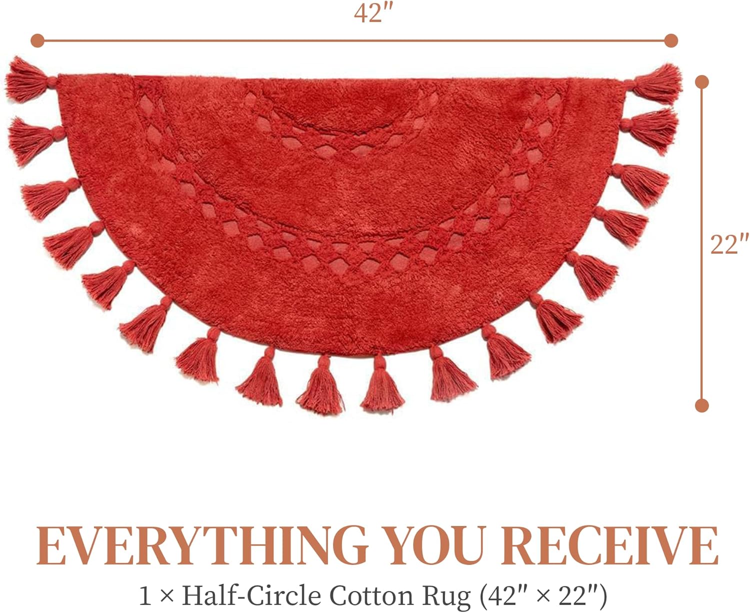 Boho Bathroom Rugs - Half Circle Cotton Mat with Crochet Insert and Tassels - Non-Slip Decorative Bohemian Rug for Bathroom, Bedroom or Entryway - Paprika Red 42x22 Soft Washable Accent Rug
