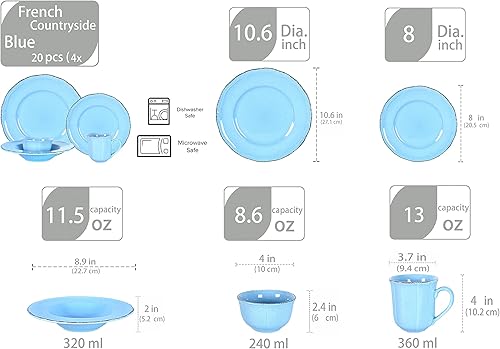 Miniatura 3 de HomeVss, Juego de vajilla de gres French Countryside de 20 piezas, moteado y azul antiguo