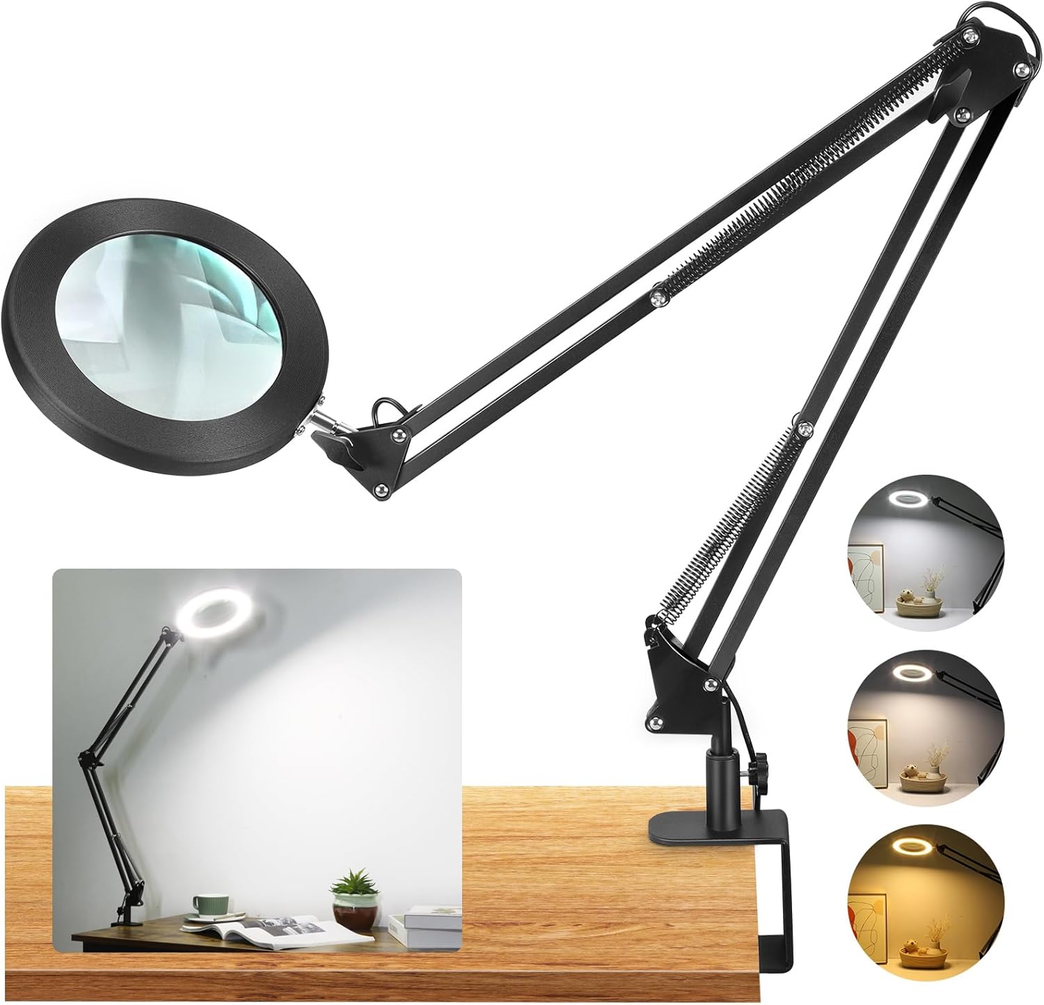 Large 10X Magnifying Glass with Light, 5 in Real Glass Stand Lighted Magnifier, 3 Color Modes Steepless Dimmable LED Magnifying Desk Lamp with Clamp, Hands Free for Close Work Crafts Hobby