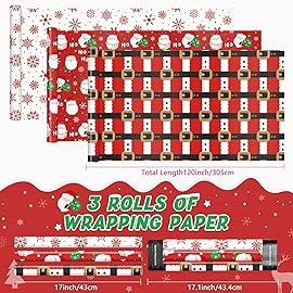 WERNNSAI Christmas Wrapping Paper Rolls - 3 Rolls 17x 120Red Christmas Wrapping Paper for Holiday Gift Packing Decorations Santa Claus and Snowflake Design Wrap Paper with Cutting Lines