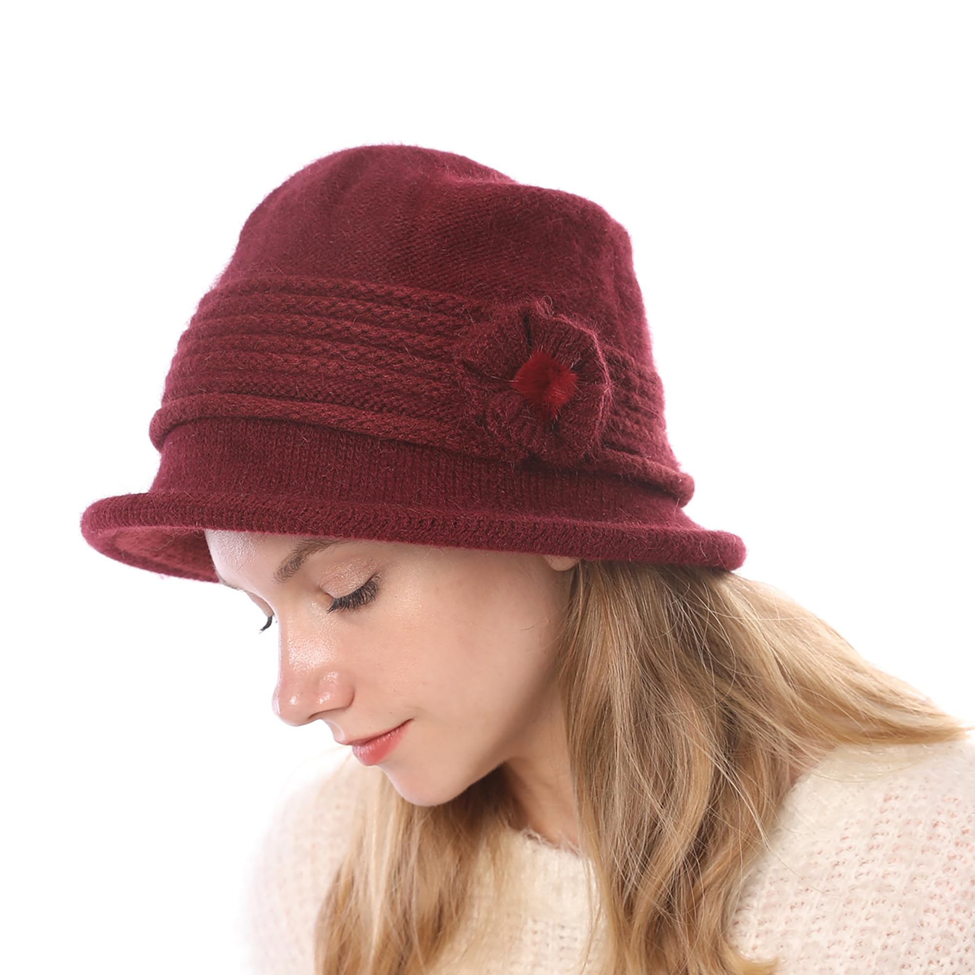 Huakunda Damen Strickmützen Gefüttert Winterhut Warm Vintage Floral Knit Beaniemütze Elegant Frauen Bucket Hüte für 55-60 cm