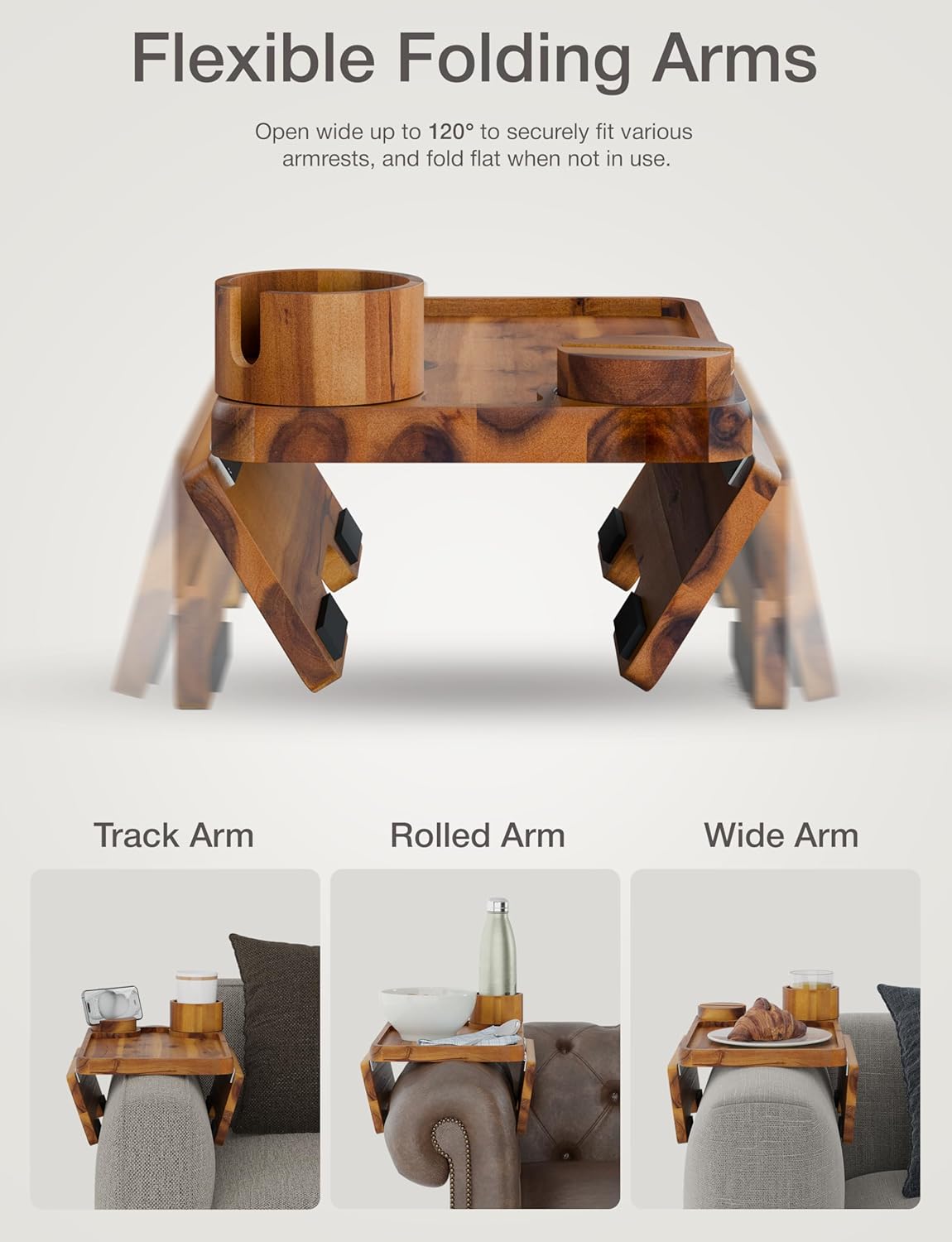 HOLANA Acacia Wood Couch Arm Tray, 15.74”x9.8” Arm Table for Couch - Couch Cup Holder Tray with Rotated Phone Holder, Cup Holder - Clip on Sofa Armchair Caddy with Non-Slip Pad (Acacia)