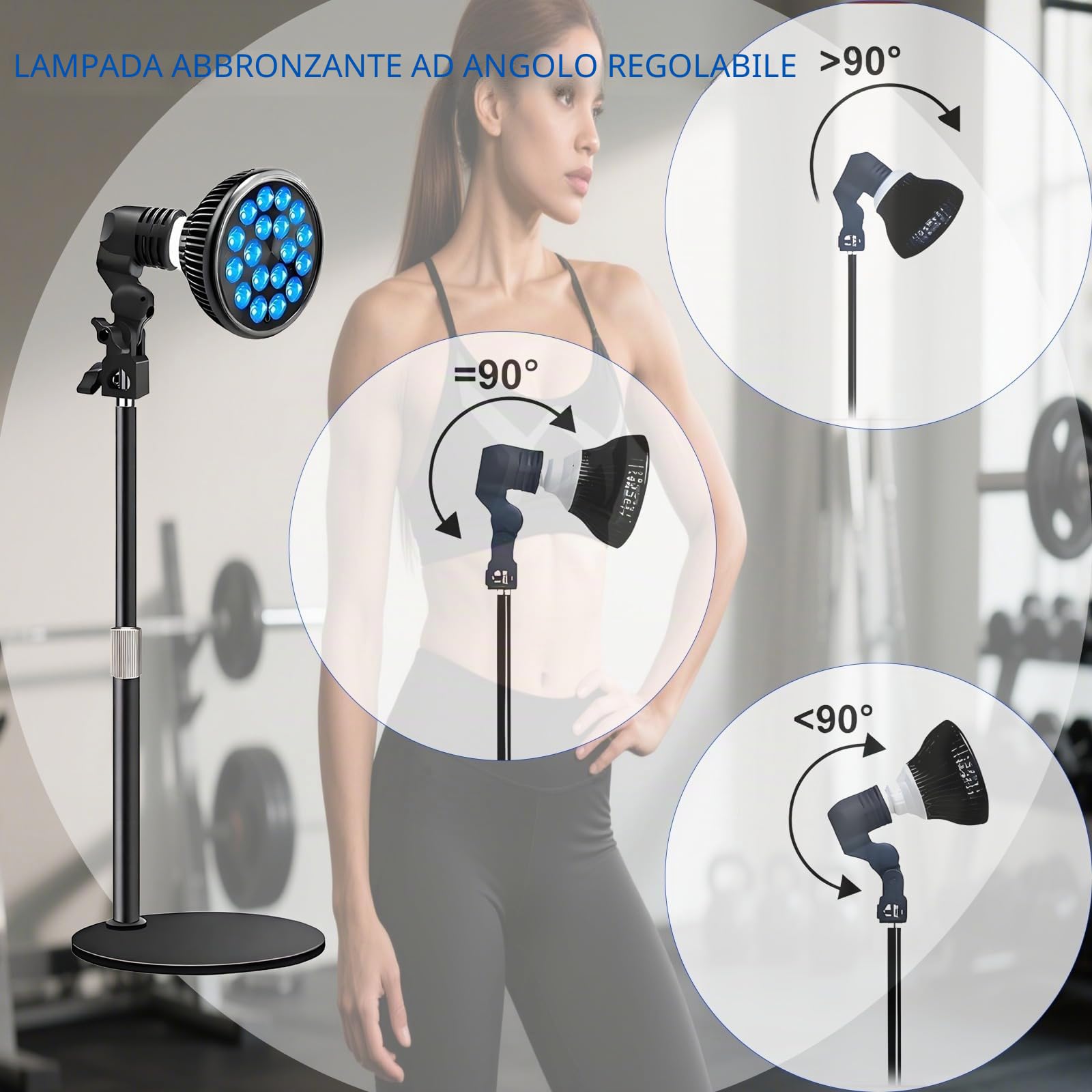 Lampada abbronzante per viso e corpo: 18 LED con terapia della luce blu da 54 W e lunghezza d'onda 460 nm, base e supporto regolabili in altezza, E27, occhiali autoabbronzanti per uso domestico