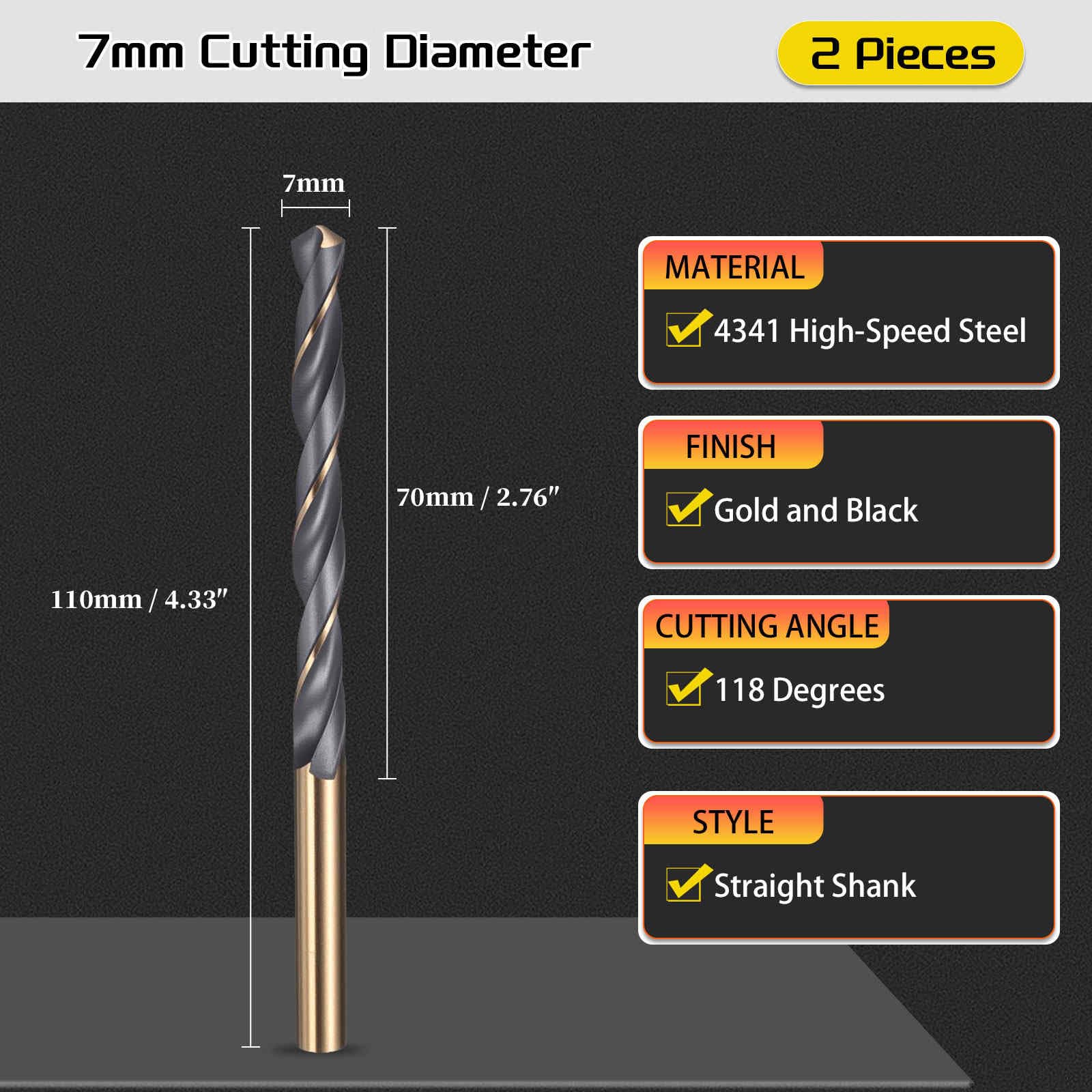 CoCud Drill Bit, 7mm Cutting Diameter, 4341 HSS Jobber Bits Gold and Black 118° Cutting Angle - Image 2