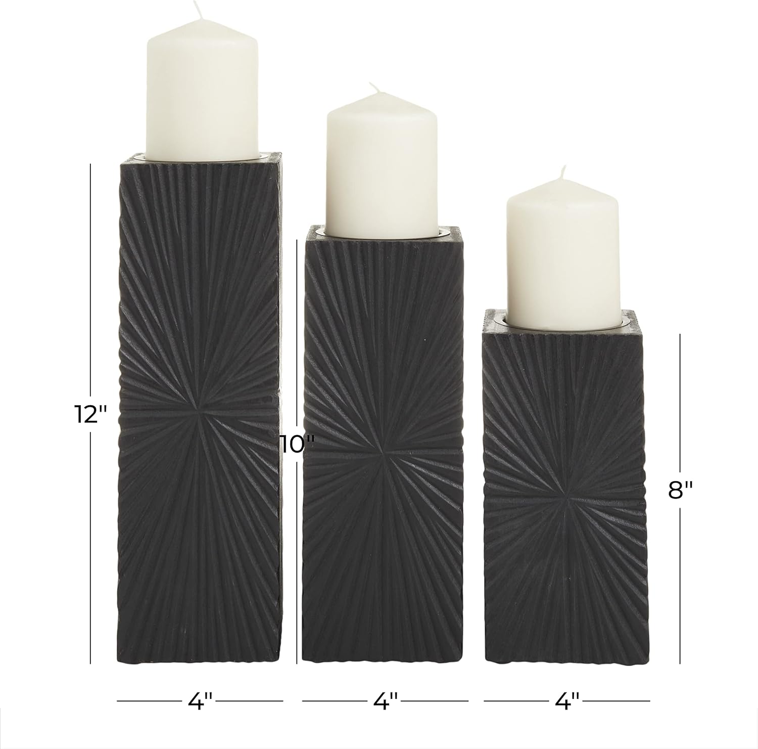 CosmoLiving by Cosmopolitan Wood Geometric Carved Pillar Candle Holder, Set of 3 12", 10", 8"H, Black