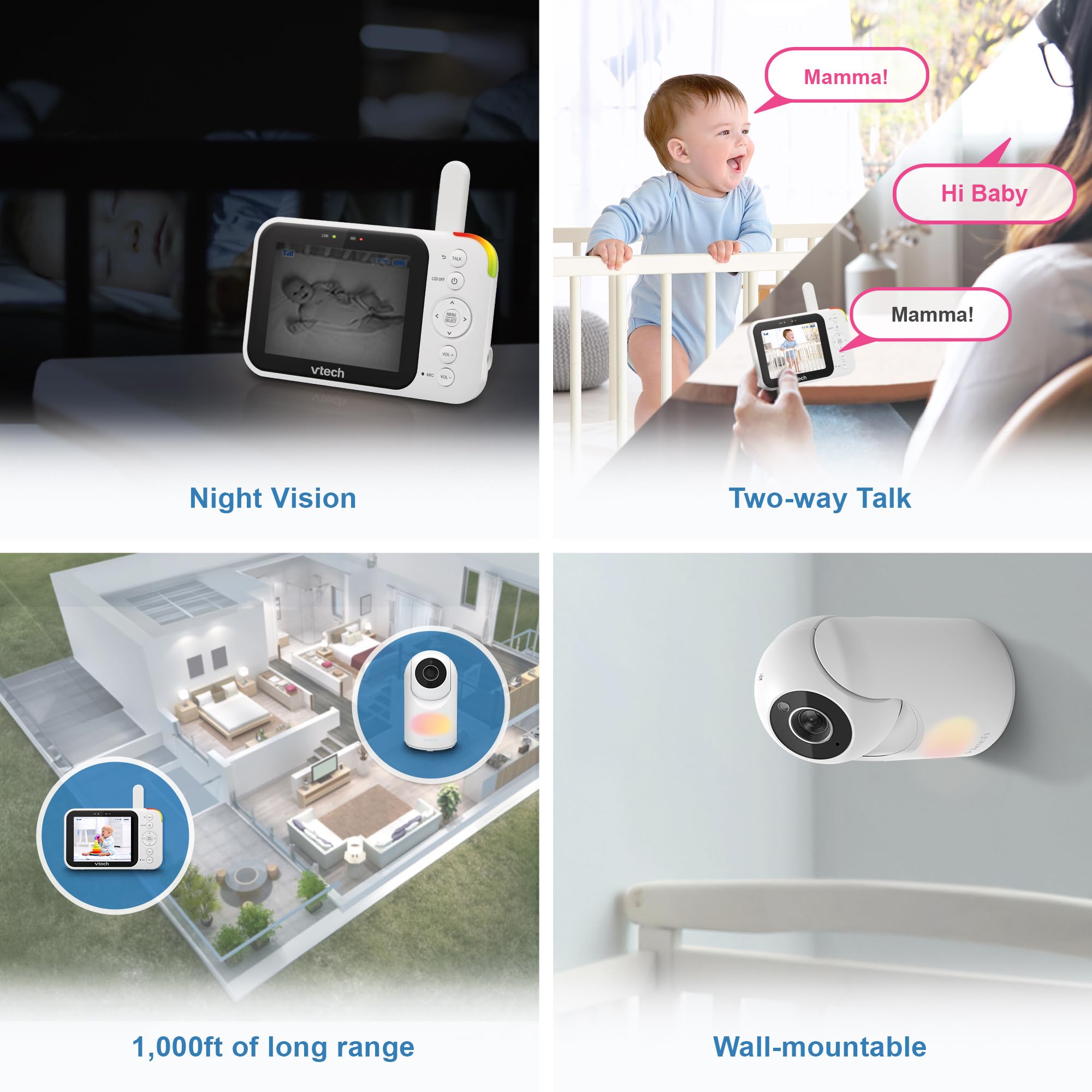 VTech - Monitor de video para bebé con cámara y audio, visualización LCD de 3.5 pulgadas, zoom panorámico, conversación de 2 vías, modo VOX, luz nocturna, canciones de cuna, sonidos relajantes, sensor