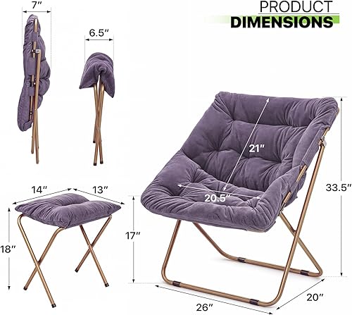 Miniatura 146 de Magshion Silla platillo plegable con otomana para adultos, cómodo asiento de lectura, asiento de piel sintética con marco de metal acolchado grueso