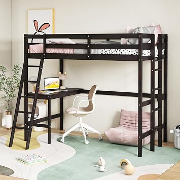KOMFOTT Twin Loft Bed with Desk, Solid Wood Loft Bed Frame with 2 Ladders, Safety Guardrail for Teenagers, Space-Saving Loft Bed with Wooden Slats Support, No Box Spring Needed