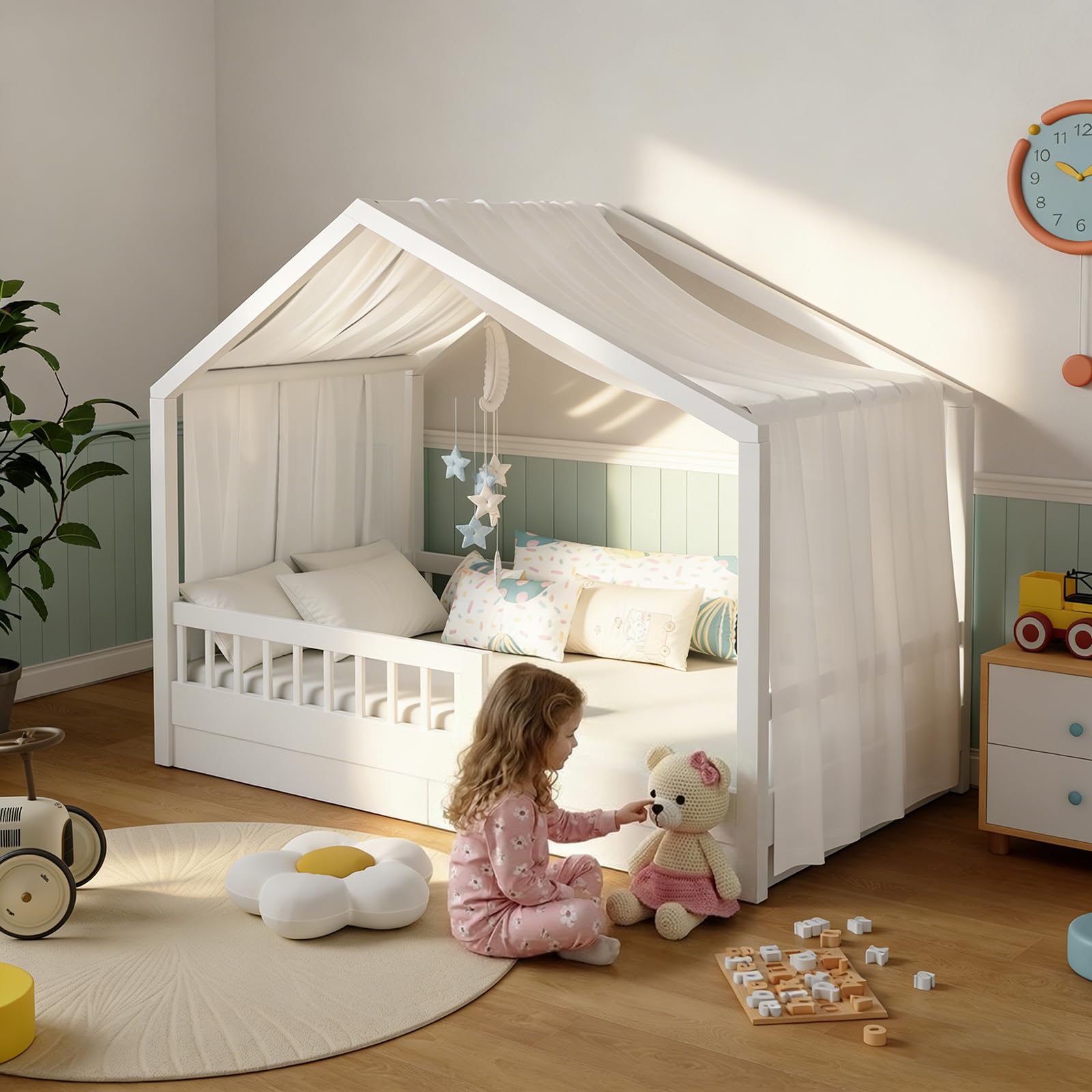 KVALY Kids Bed Canopy for Girls - Spring-Ale Fabric Soft House Bed Canopies Curtains Nursery Decorations for Children, 1 Panel 135x360cm (No Blackout, Decorations Not Included), White