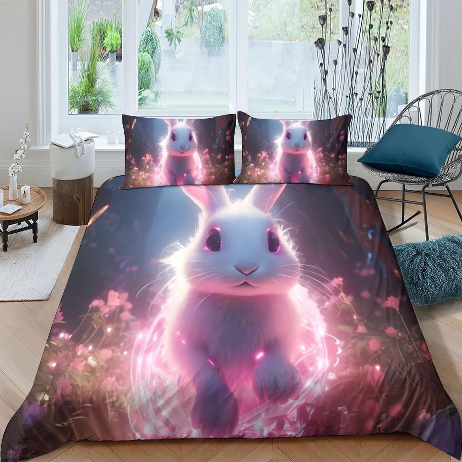 Ctjqhvkz Style-1 3D Printed Fantasy Bunny Fitted Sheet Microfiber Soft Pink Glow Rabbit Bed Cover For Bedroom Dorm Mattress Protection Decor Single（135X200cm）