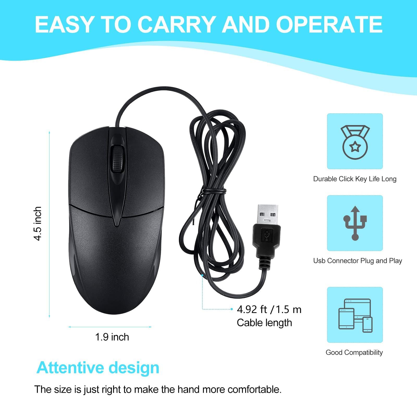 40 ratones negros con cable USB de 1000 DPI con cable de 3 botones con cable para oficina en casa, silencioso, simple, USB para computadora, laptop, PC de escritorio (negro 40)