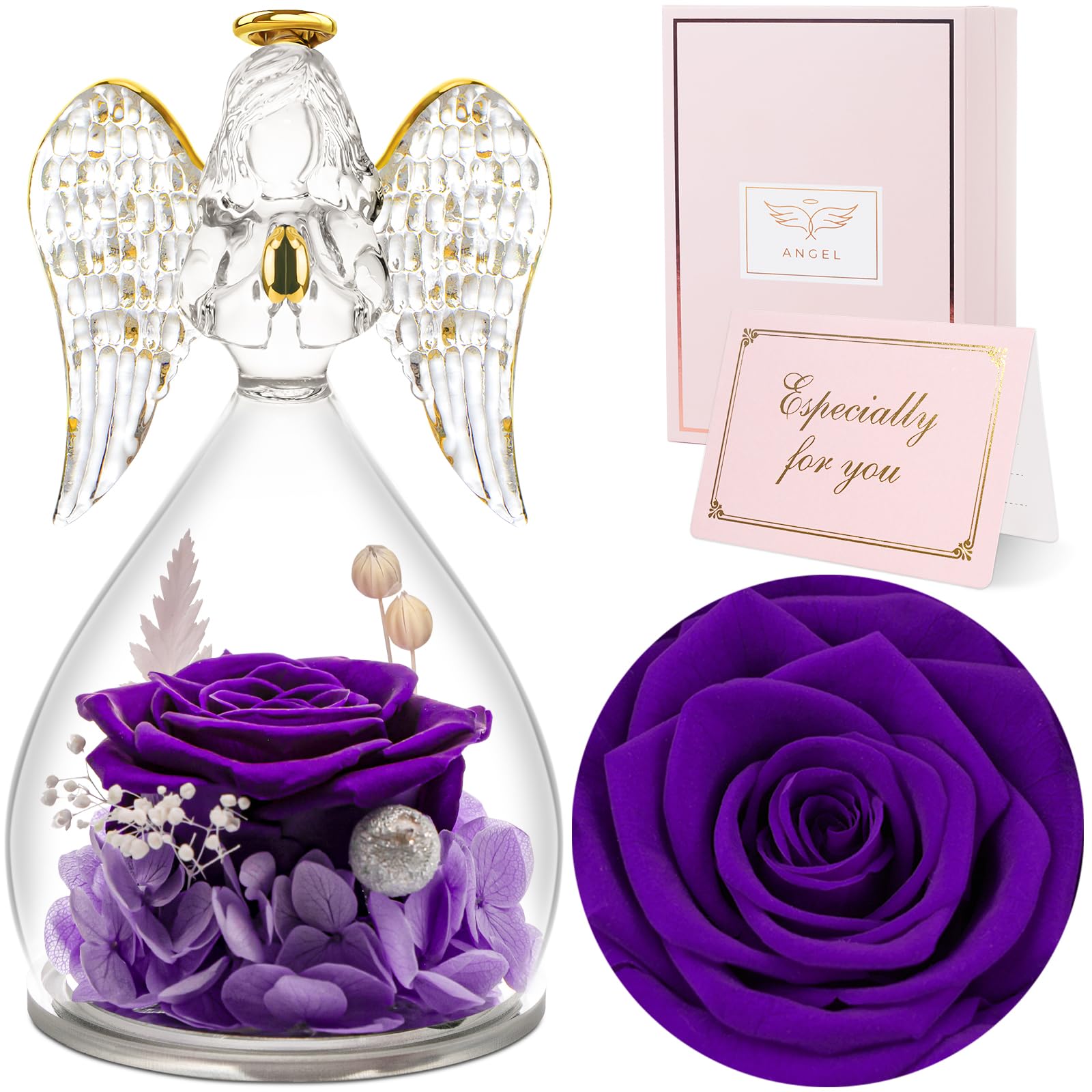 Sunia Gifts for Mom Birthday Gifts for Women, Preserved Real Roses in Glass Angel Figurine, Eternal Forever Flowers for Delivery Prime, Fresh Flower Presents for Mothers Grandma Wife Daughter Sister
