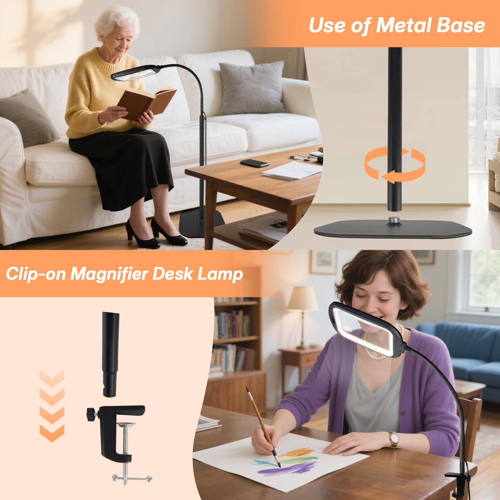 GABORISH Lupa de pie 30X con luz y soporte, lámpara 3 en 1 con 60 LED, lámpara rectangular de cuello de cisne con abrazadera, 5 modos de color regulable, sin manos, lupa de lectura con luz para