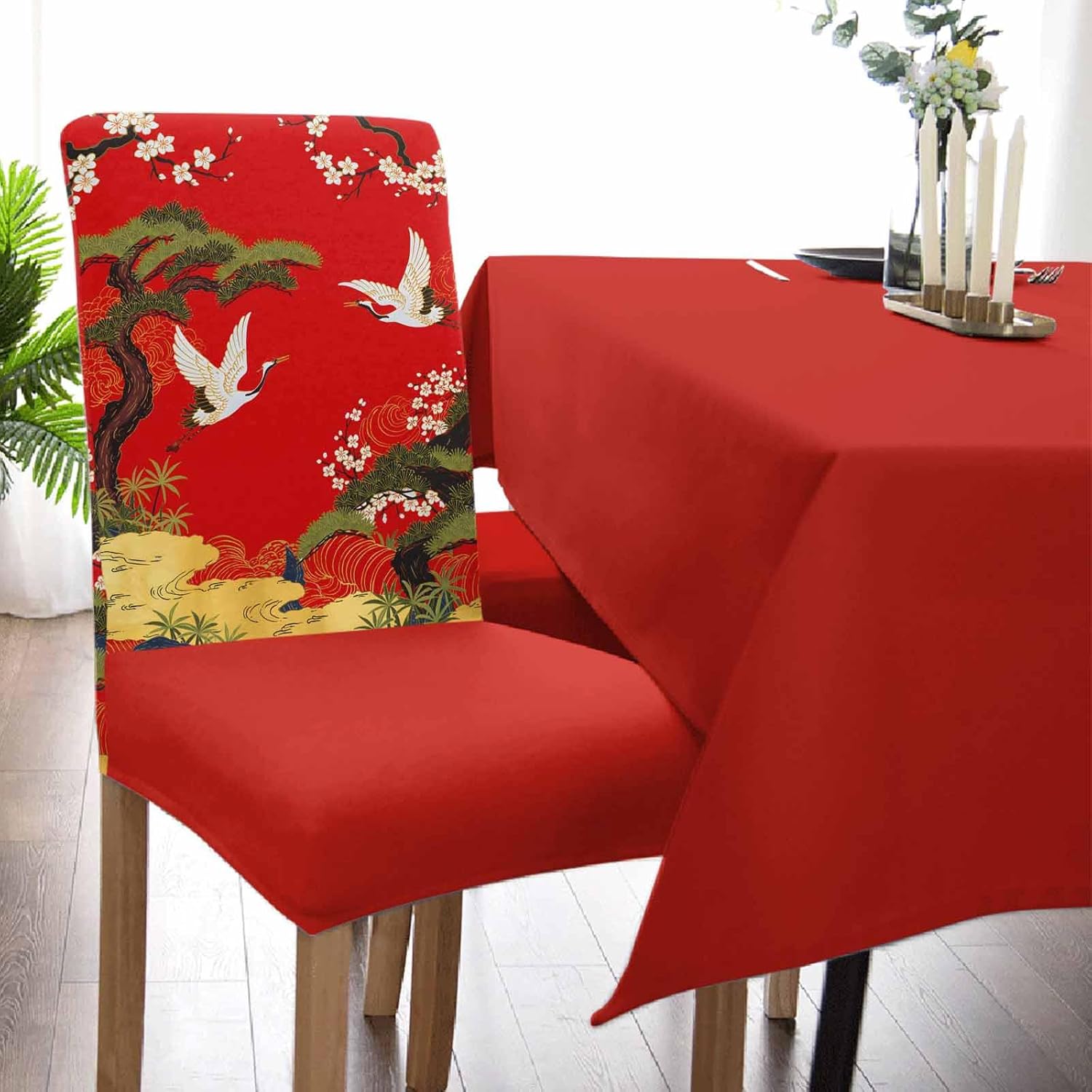 Chair Covers for Dining Room Set of 4,Retro Crane Pine Flower on Red Stretch Seat Protector Removable Washable Chairs Slipcovers for Kitchen Banquet Wedding Hotel,Asian Chinese Pastoral Scenic