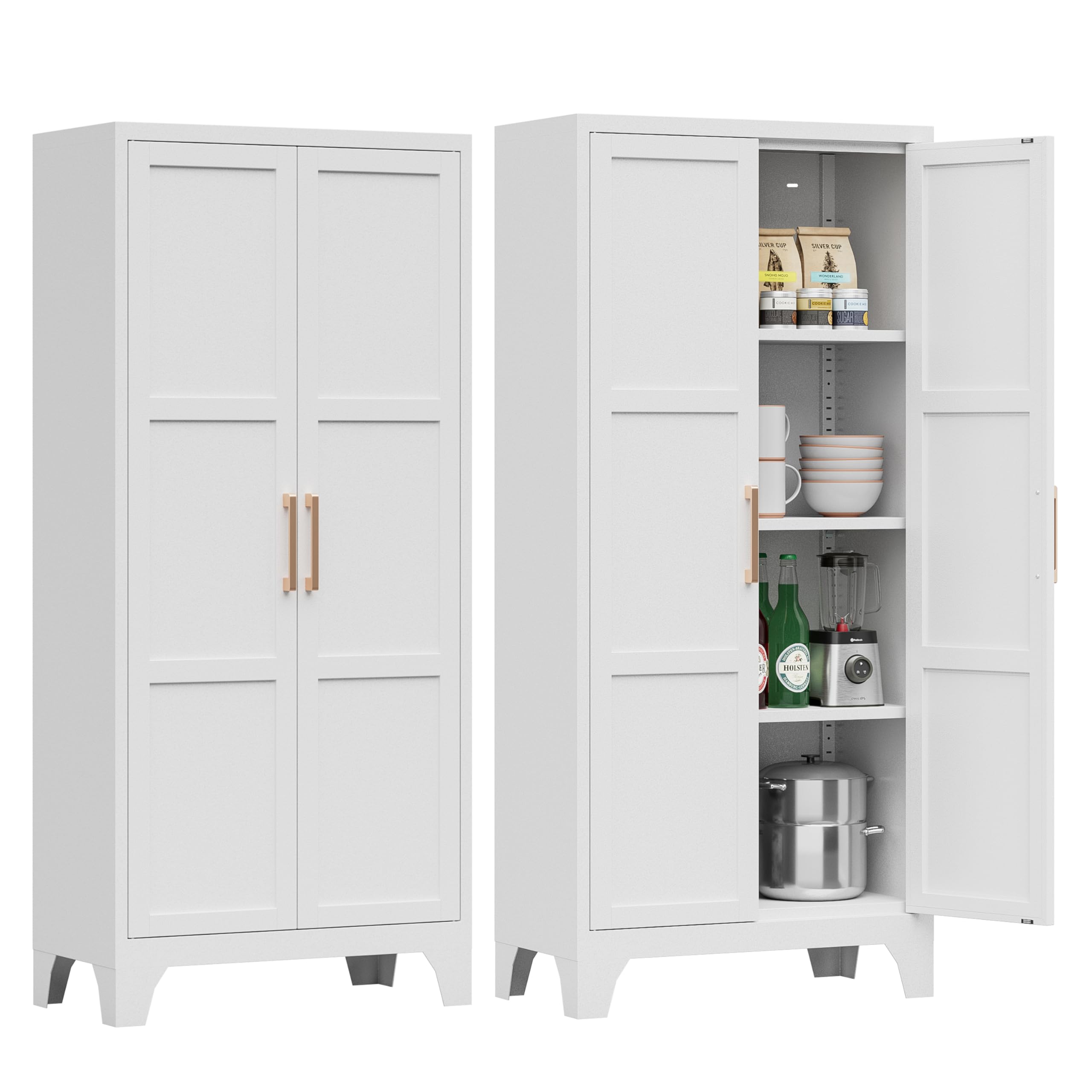 Kooyon Pantry Cabinet,Kitchen Pantry Storage with Doors and Adjustable Shelves,White Metal Kitchen Pantry Cabinet,Food Pantry for Kitchen,Dinning Room