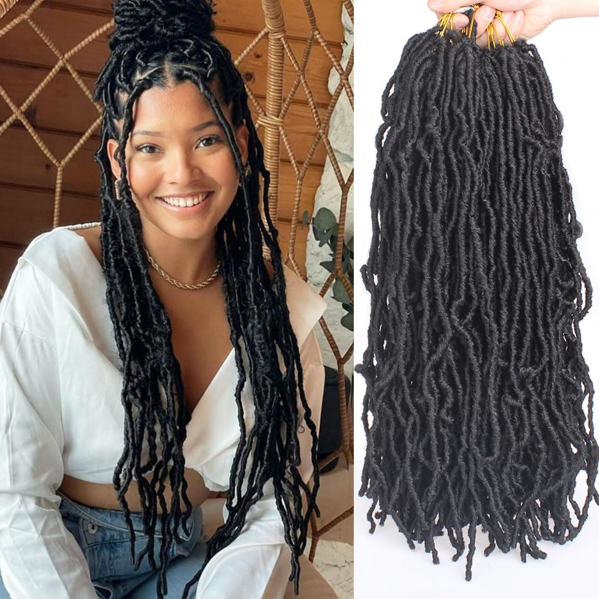 Leeven 24 Inch Goddess New Faux Locs Crochet Braids Hair 7 Packs Natural Black Pre-looped Messy Soft Crochet Hair Synthetic Distressed Faux Locs for Women 4#