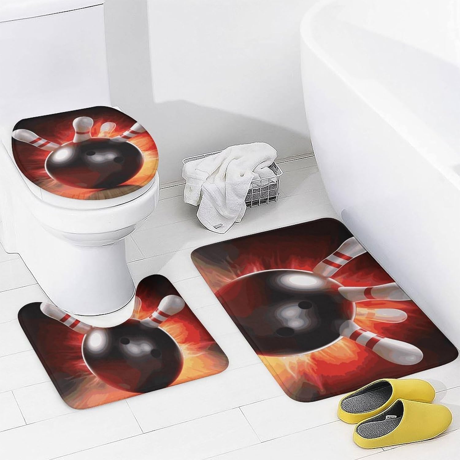 Bowling Ball Shower Curtain Set 4 Piece, Non-Slip Bath Mat with Toilet Lid Cover and Waterproof Shower Curtain with 12 Hooks, Complete Bathroom Set for Home Decor