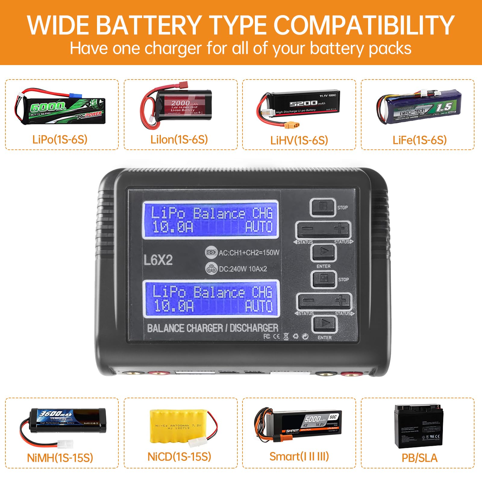 LiPo Battery Charger Dual RC Battery Charger Discharger 240W 10A for 1-6S LiPo LiHV Li-ion Life 1-15S NiCD NiMH PB Smart Batteries, Dual Channel Fast Balance Charger, RC Car Drone Boat