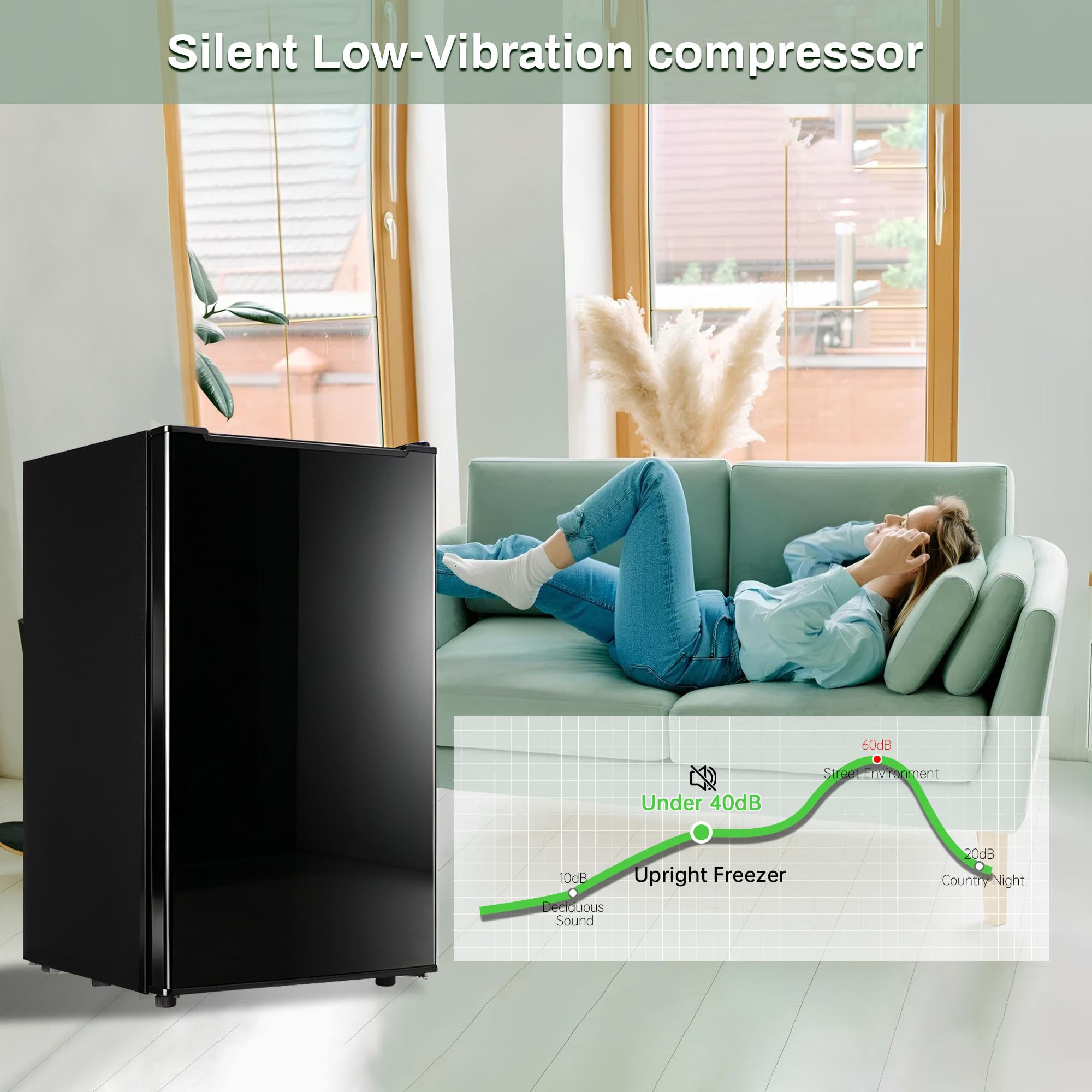 Mini Upright Freezer 3.6 Cubic Feet Mini Freezer, Single Door Compact Freezer With Reversible Stainless Steel Door, 3-Speed Temperature Adjustment Small Freezer For Home, Glossy Black on Fridge.com - View 5