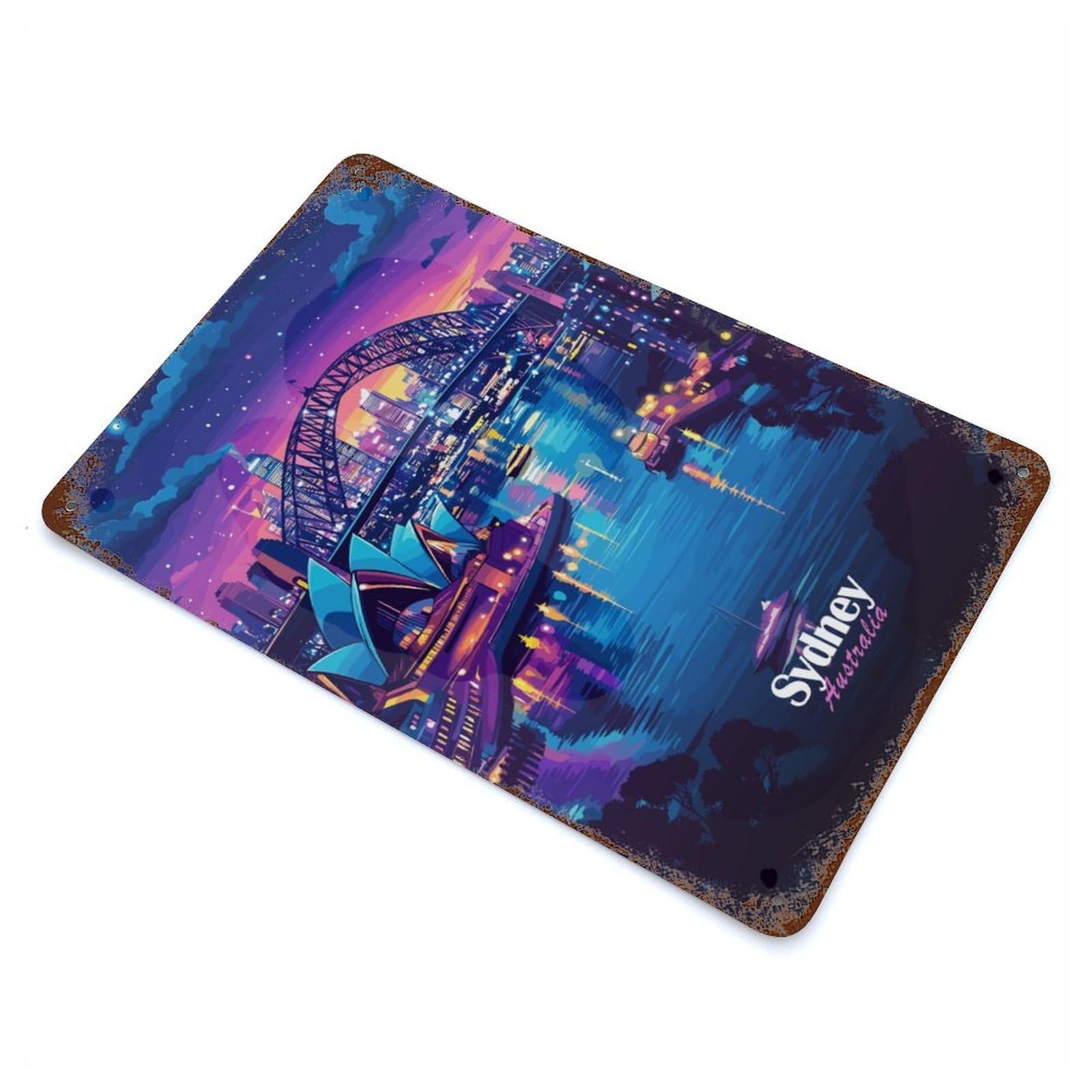 Sydney Harbour Night Vintage Wall Sign 11.8"x7.9", Rust Effect Metal Decor for Bistro, Counter And Cafe Decor