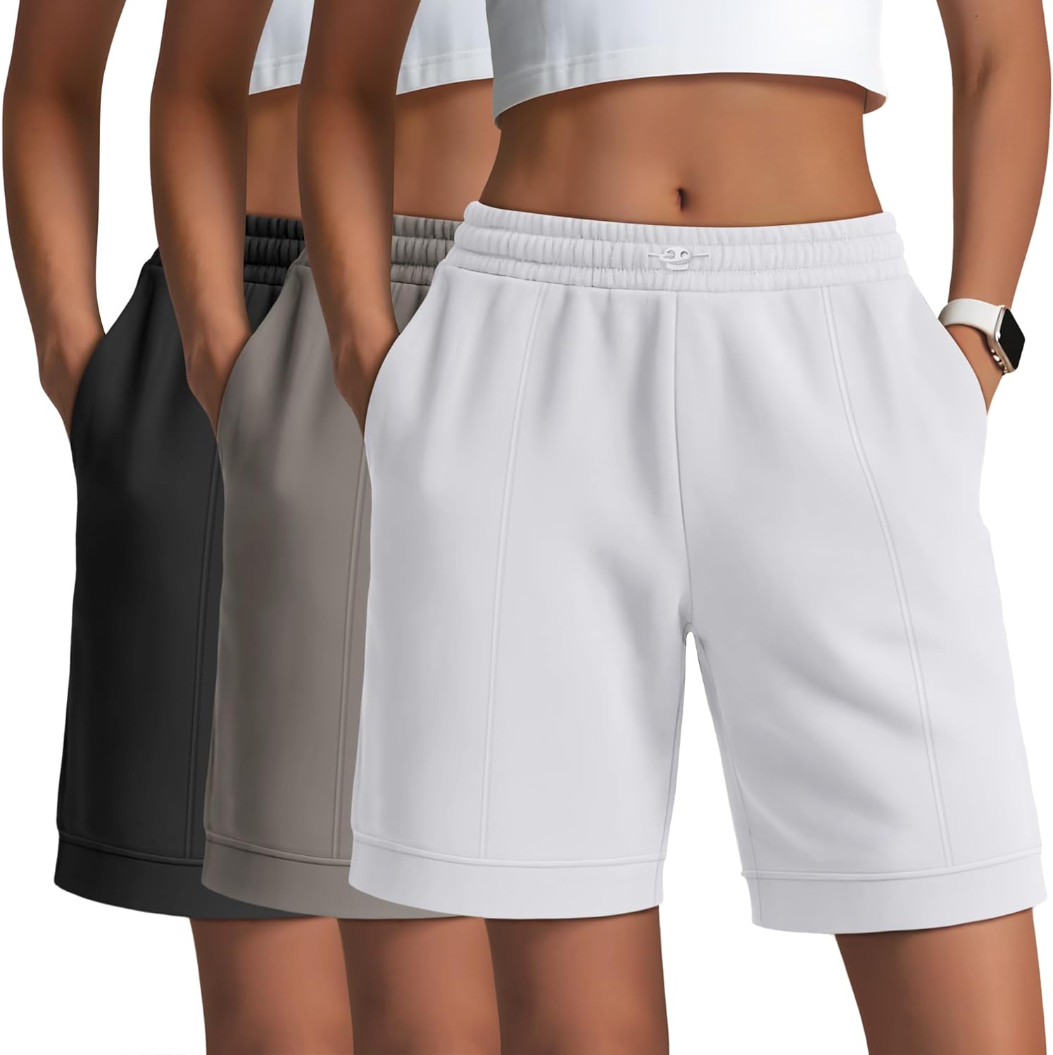 3 Pack Women's Athletic Drawstring Shorts Bermuda Long Sweat Short High Waist 9 Inch Loose Casual Pants with Pockets