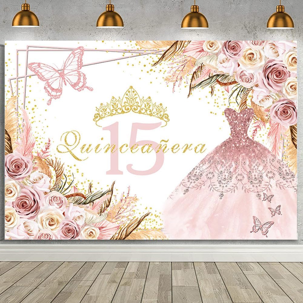 MEHOFOND 8x6ft Quinceanera 15th Birthday Boho Backdrop for Sweet Girl Boho Birthday Pink Butterfly Background Girl Pink Floral Crown Princess Banner