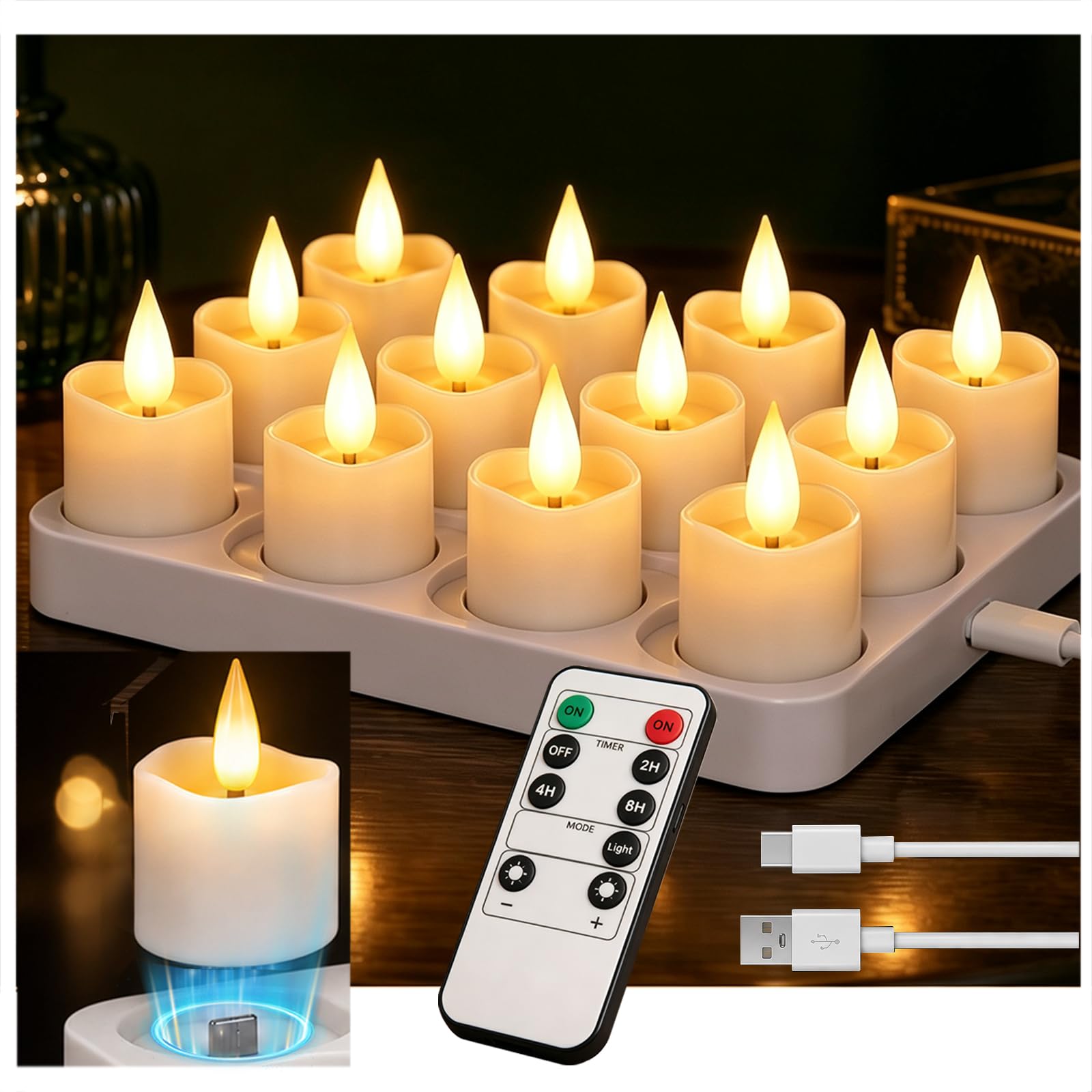 12er Set LED Teelichter Wiederaufladbar mit Ladestation & Fernbedienung 90H