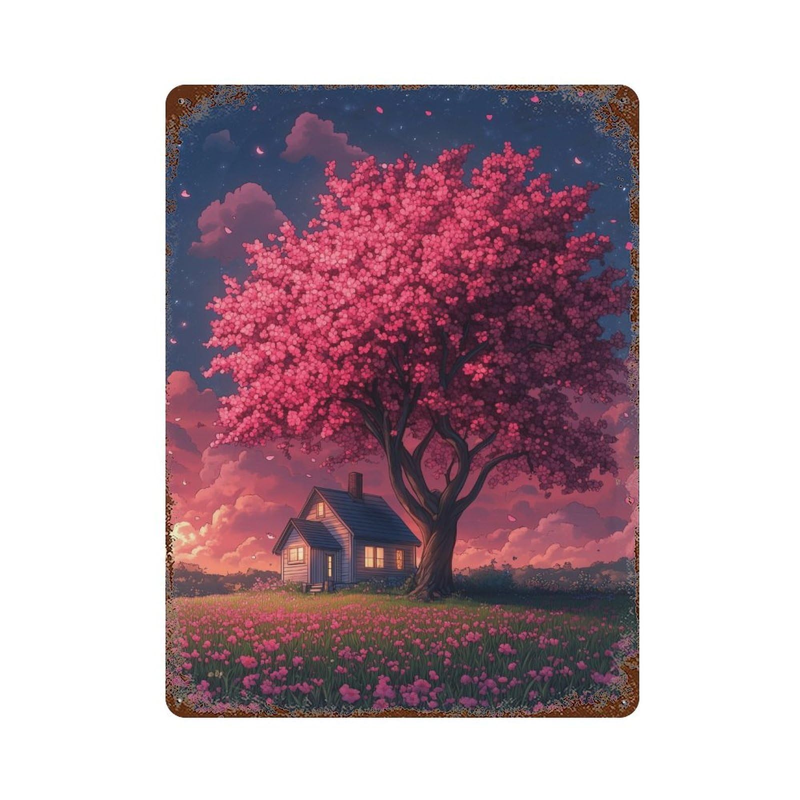 Cherry Blossom Cottage Decorative Tin Sign 15.7"x11.8", Farmhouse Wall Decor for Garage, Bar And Workshop Decor