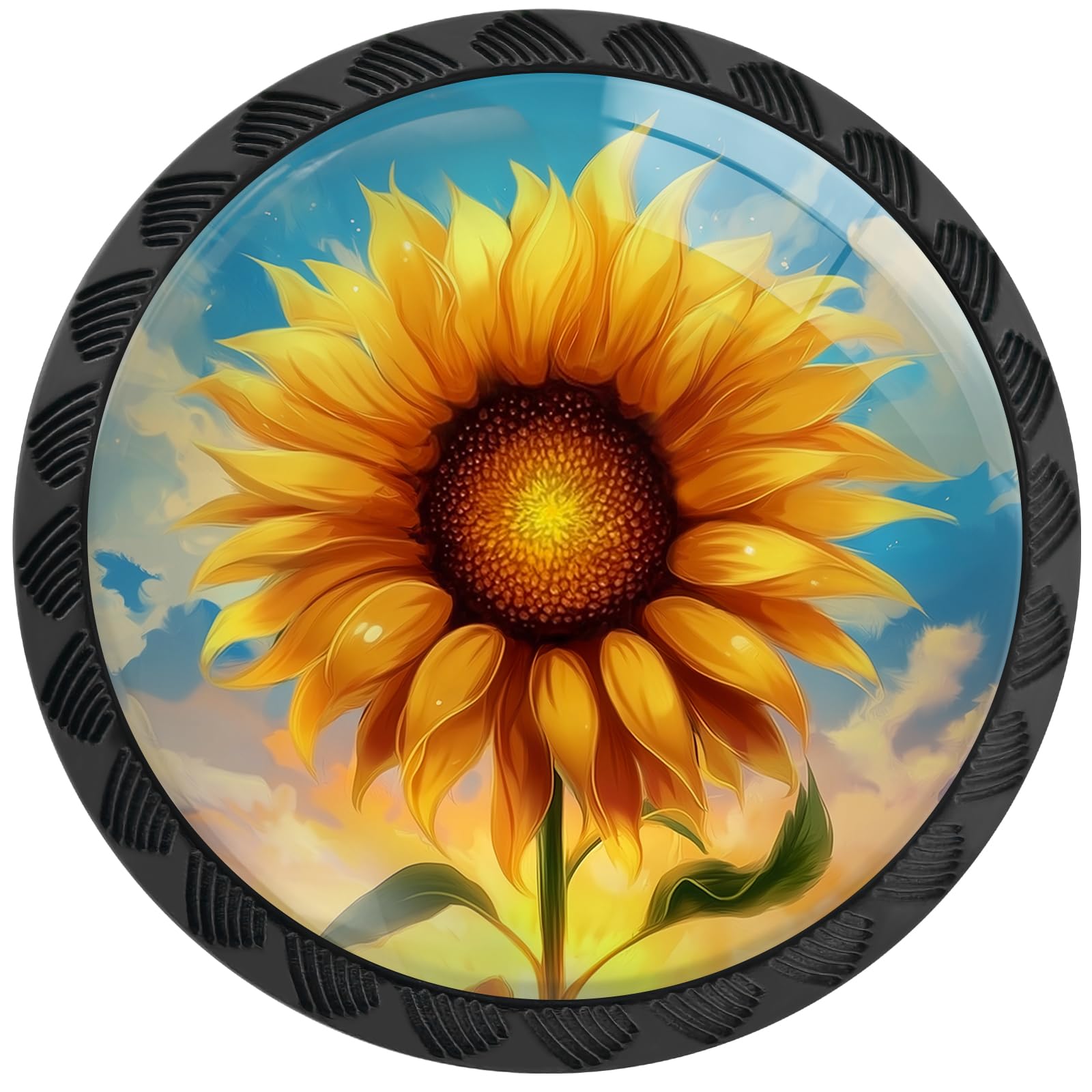 Artinhand Vibrant Sunflower 4 Pack Cabinet Knobs Round Drawer Pulls Black Dresser Knob Cupboard Door Handles Hardware For Kitchen Bathroom Cabinets