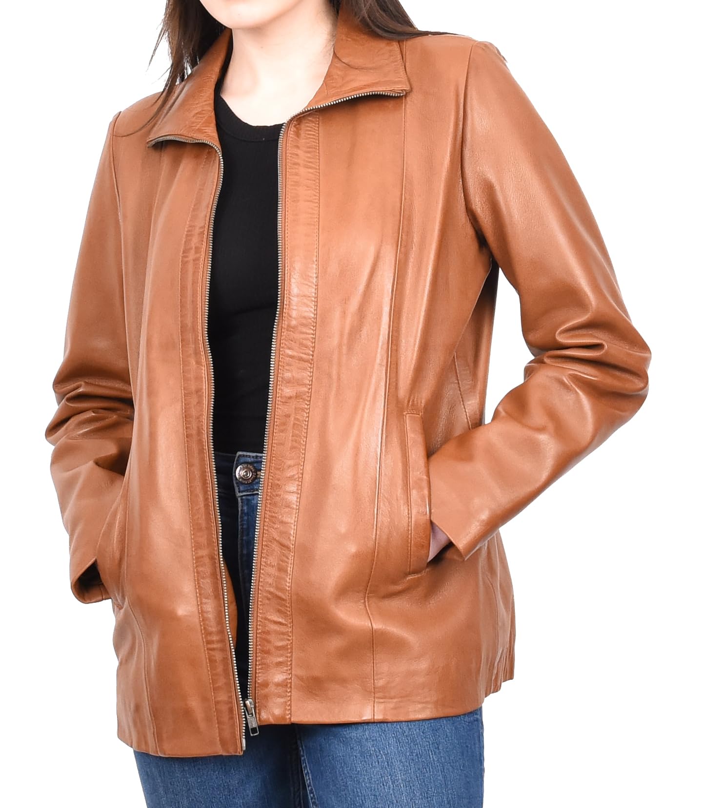 Divergent Retail Women's Classic Style Coat Genuine Leather Zip Fastening Ladies Jacket Tan Reine (UK, Numeric, 24, Regular, Regular, Tan)