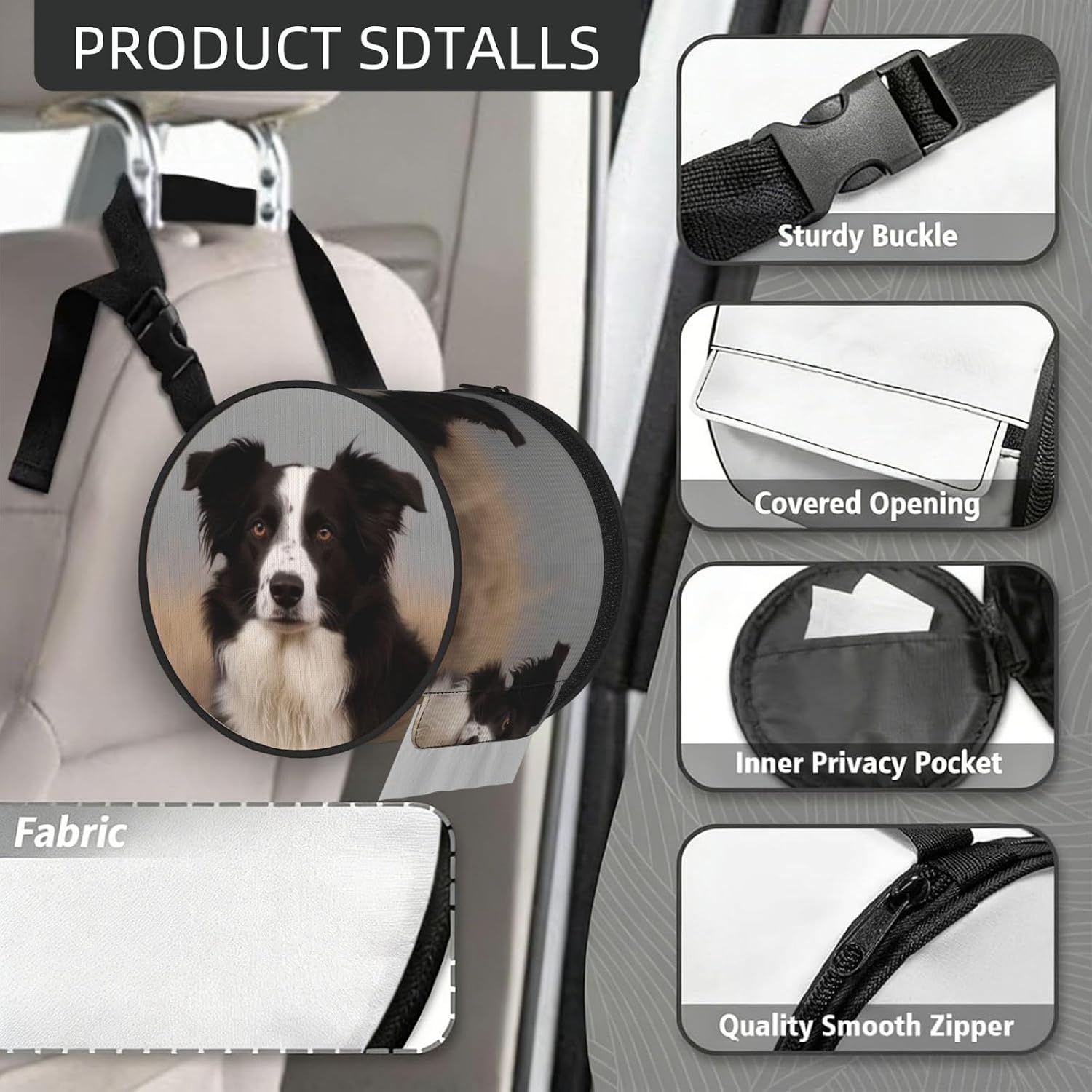 Border Collie Hanging Toilet Paper Holder Waterproof Tissue Holder Cat Proof Roll Paper Case Cover Portable Foldable Roll Storage Bag with Adjustable Strap for Travel Car Camping Outdoor image 4