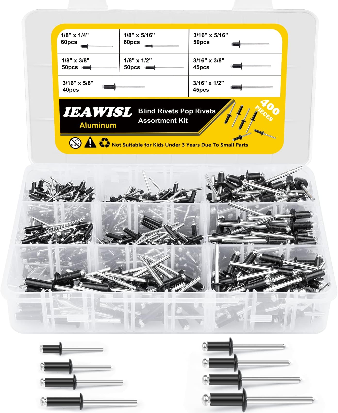 Pop Rivets, 400 PCS Aluminum Blind Rivets Assortment, 8 Sizes Rivets for Metal, DIY, Sheet Mounting, Plastic, 1/8" 3/16"（Black）
