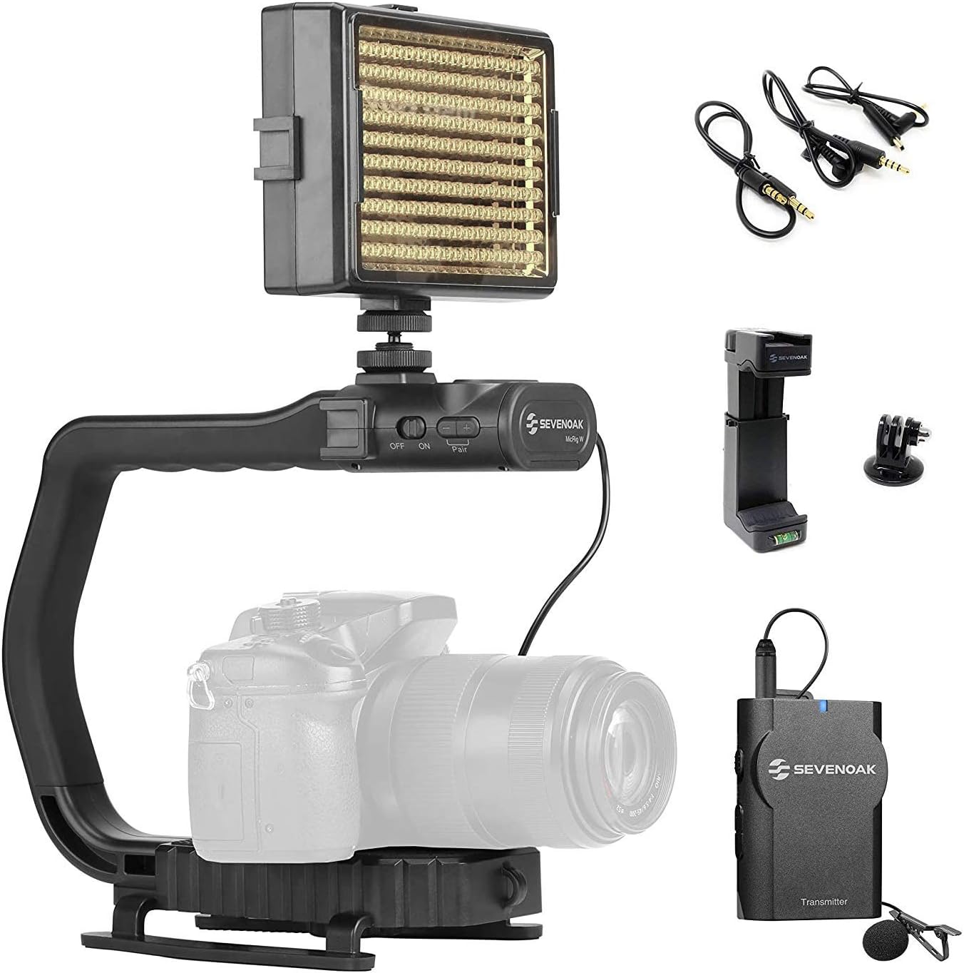 Movo MicRig-W1 Wireless Microphone + LED Light Filmmaker Bundle - Video Handle Camera Stabilizer with Wireless Lavalier Microphone Compatible with DSLR, Mirrorless Cameras, iPhone, Android Smartphones