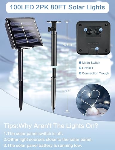 Miniatura 7 de Guirnalda de luces solares para exteriores, paquete de 2 luces solares de 80 pies, 200 luces LED parpadeantes para exteriores, alambre plateado