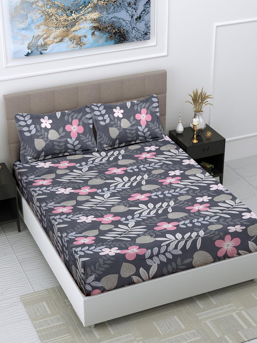 FABINALIV Multicolor Floral 300 TC Cotton Blend King Size Double Bedsheet with 2 Pillow Covers (FLBS-1168-Multi)-picture-25