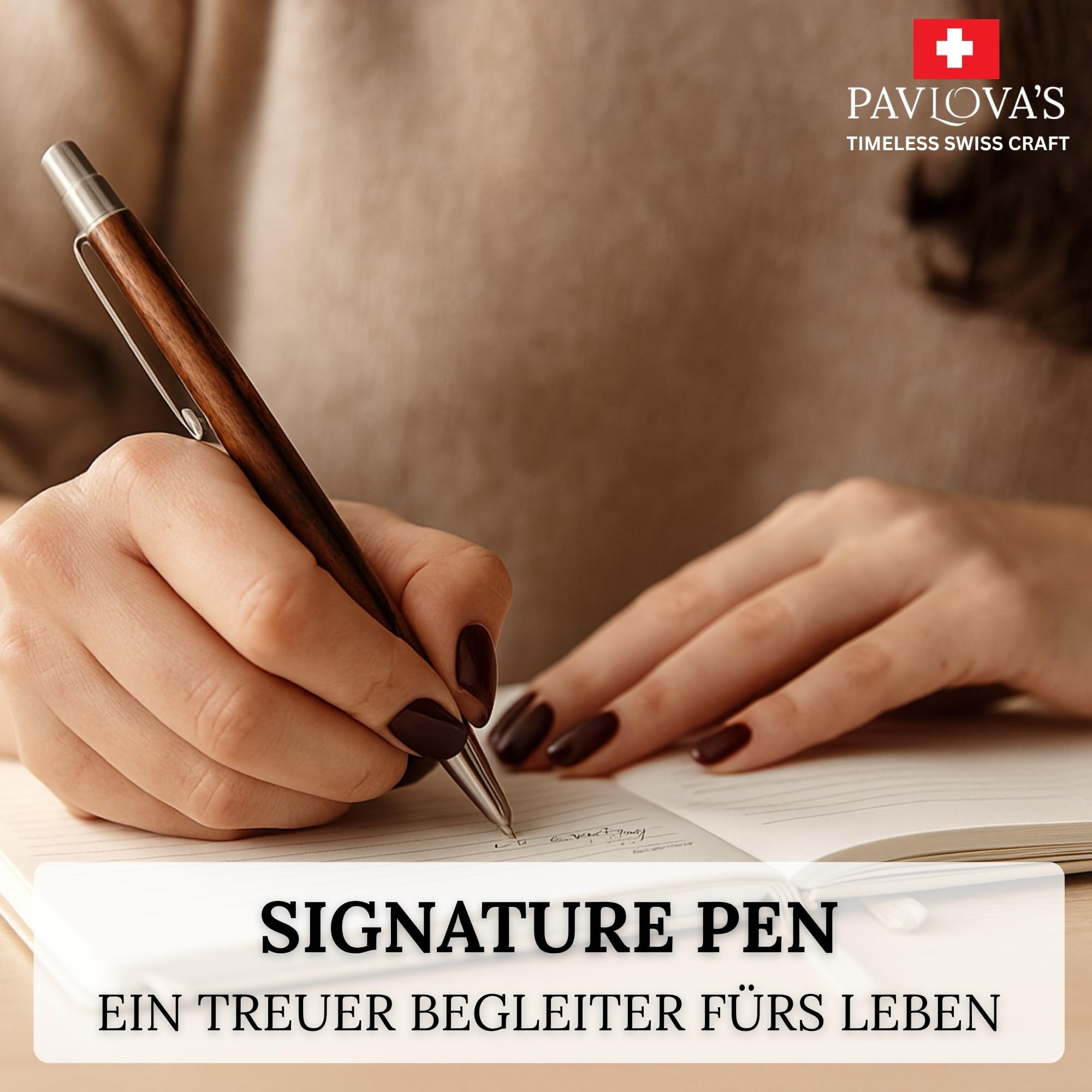 PAVLOVA’S Schweizer Kugelschreiber aus Walnussholz & Edelstahl – Sanftes Schreibgefühl – Ergonomisches Design – Schwarzer Mine & Blauer – 10 Jahre Garantie – 10 Jahre Garantie – Limitierte Edition