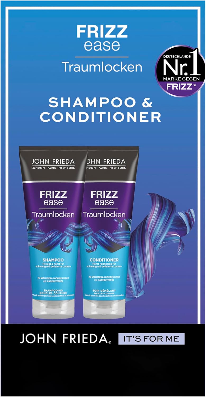 John Frieda Frizz Ease Droomkrullenset – shampoo, 250 ml & conditioner, 250 ml – haartype: golvend, krullend, frizzy – voedend voor zwierig gedefinieerde krullen
