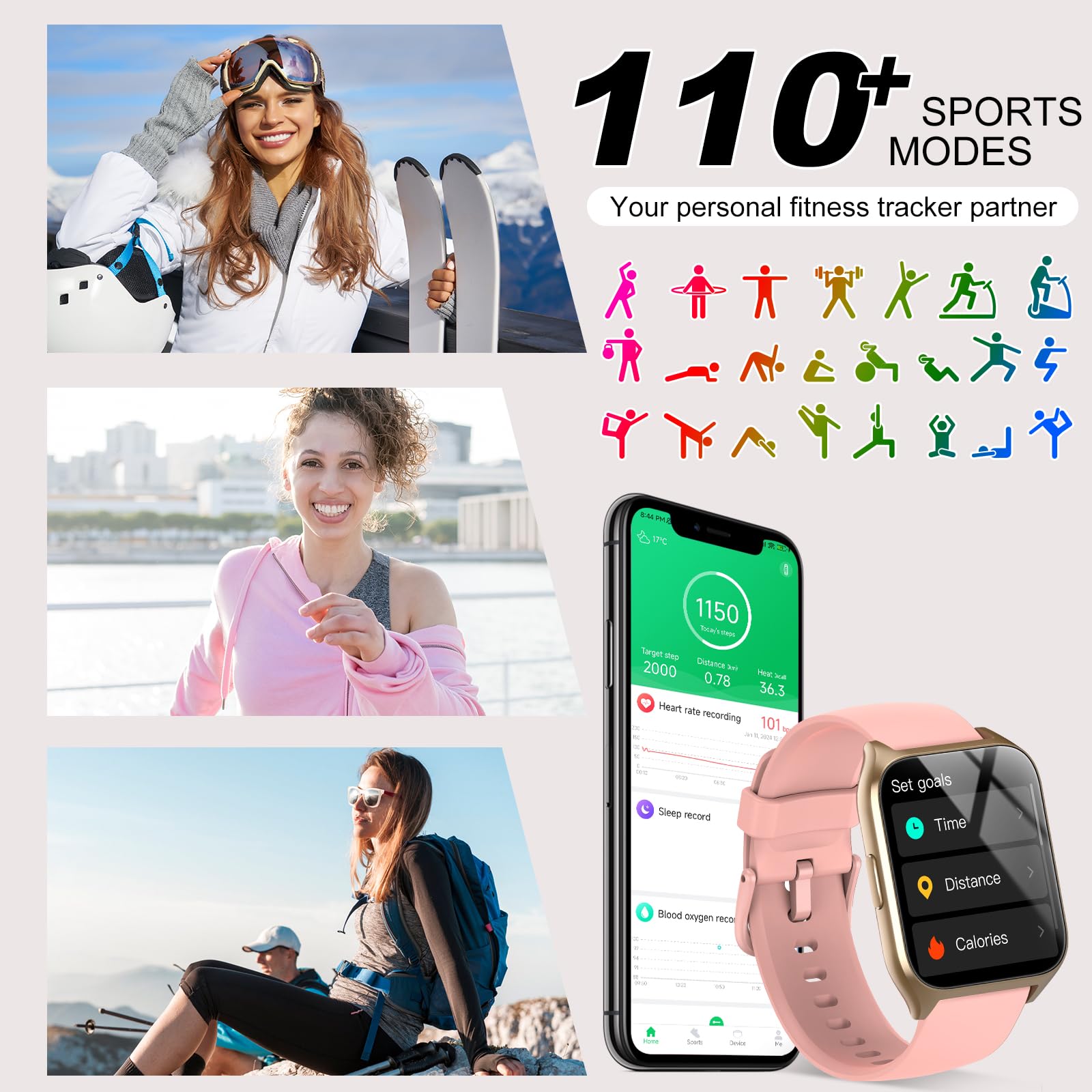 DUSONLAP Smartwatch Uomo Donna, 1.85" HD Orologio Smartwatch con funzione chiamata, 113+ Sportive Smart Watch con Sonno/Cardiofrequenzimetro/Contapassi, Impermeabil IP68 Fitness Tracker, Rosa