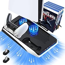 Black PS5 Stand with Cooling Fan and Dual Controller Charger Station, Charging Dock Holder PS5 Accessories Vertical Digital Stand Base for Playstation 5 Console/Disc/Digital Editions