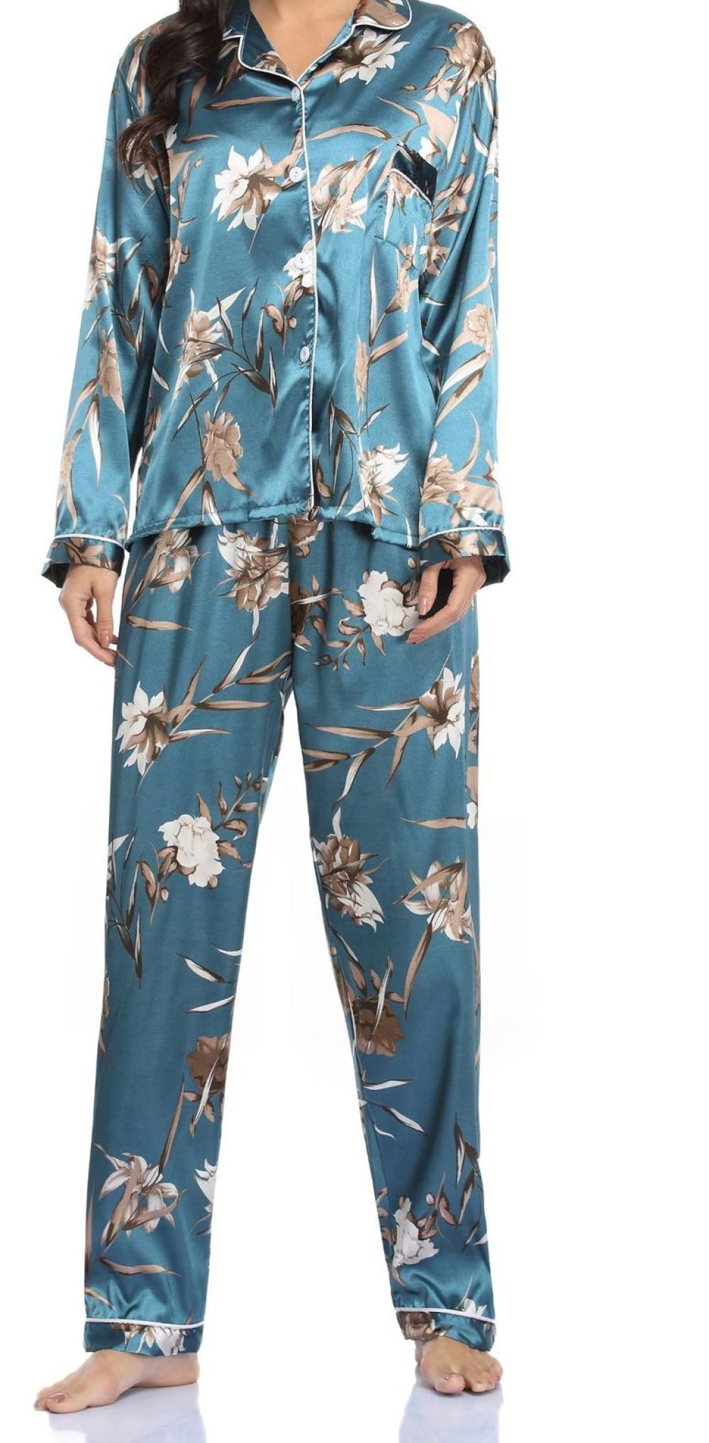 Pijamas para Mujer Conjunto De Pijama De Poliéster con Estampado De Solapa Azul para Mujer Conjunto De Dos Piezas De Pijama De Manga Larga Cómodo Regular para Mujer Regalo De Festival Adecuado Par