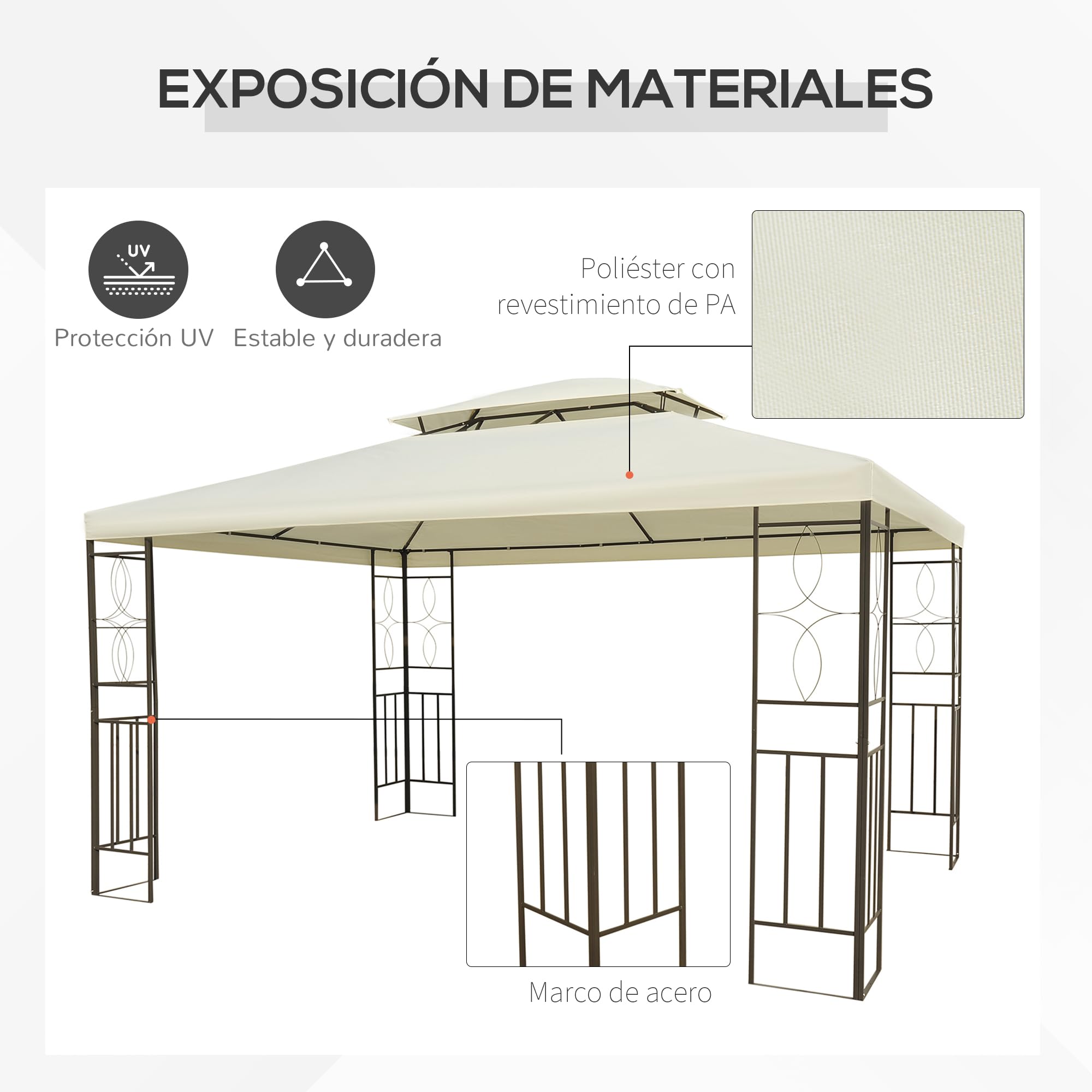 Outsunny Cenador de Jardín 3x4m Pabellón para Exterior con Doble Techo de Ventilación y 4 columnas de acero Estable para Fiestas Eventos Patio Crema