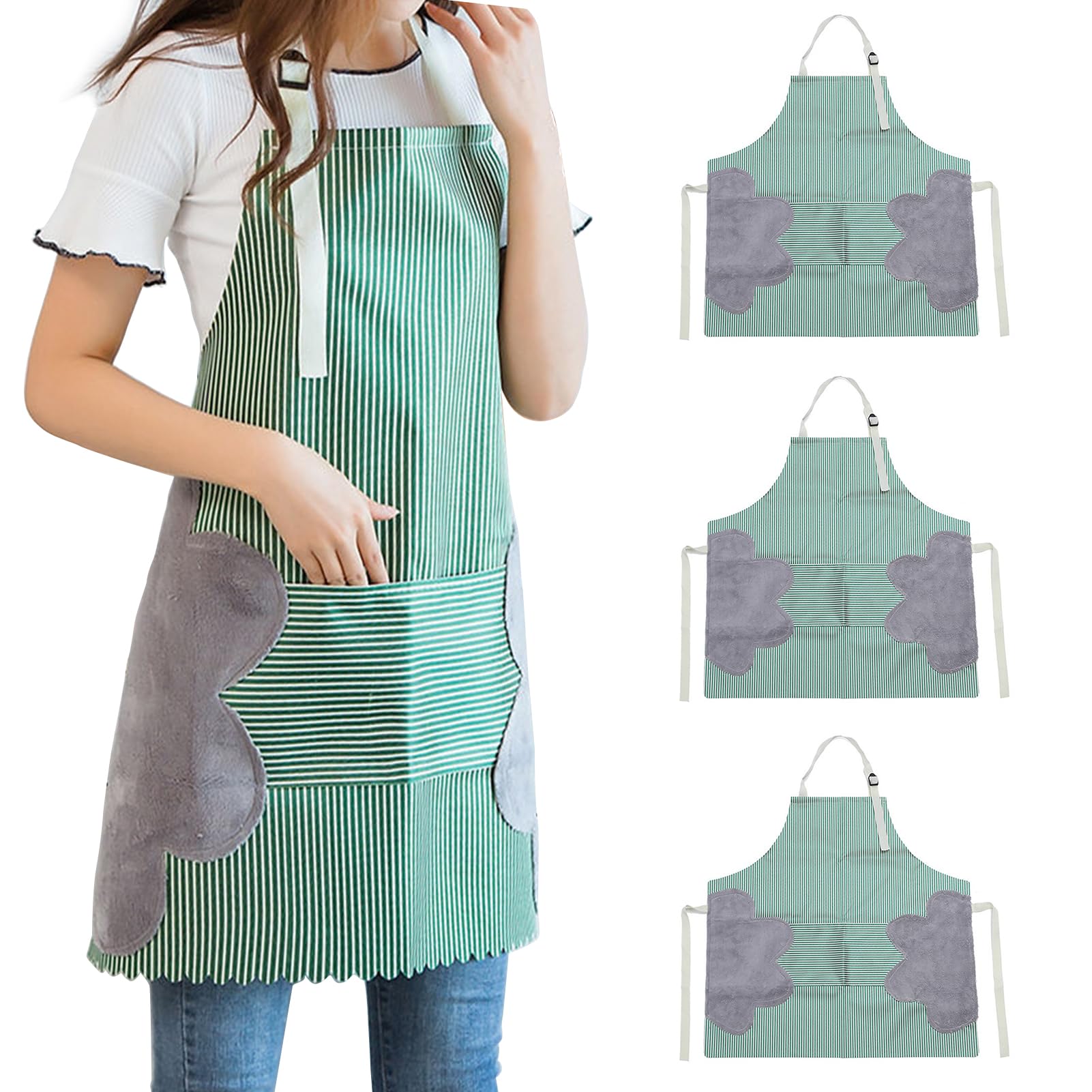 grembiuli da giardinaggio, grembiuli da lavoro, Grembiule da cucina da donna con asciugamani for la pulizia delle mani, tasca grande, for la pulizia delle mani, impermeabile 3 pezzi(Green,3pcs)